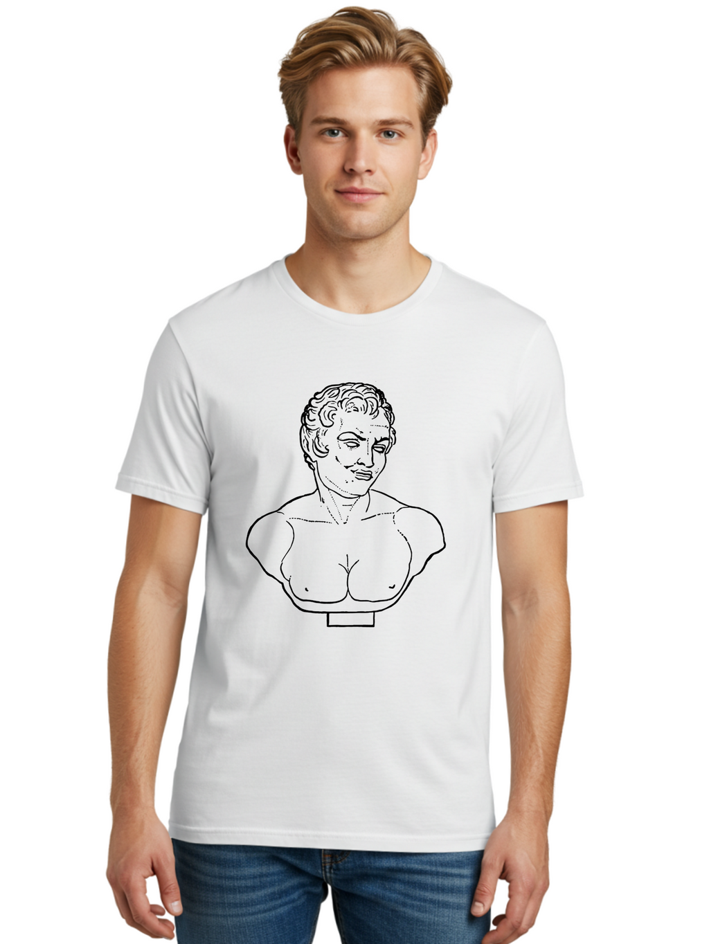 Bust-Of-Person Men'S Graphic Tee, 100% Cotton, Comfortable Casual Summer Wear, Machine Washable, Classical Bust, Stone Statue, Artwork, Illustration, Outline Art, Figure Sculpture, Classical Art, Artistic Drawing, Sketch Portrait -  Aaa522