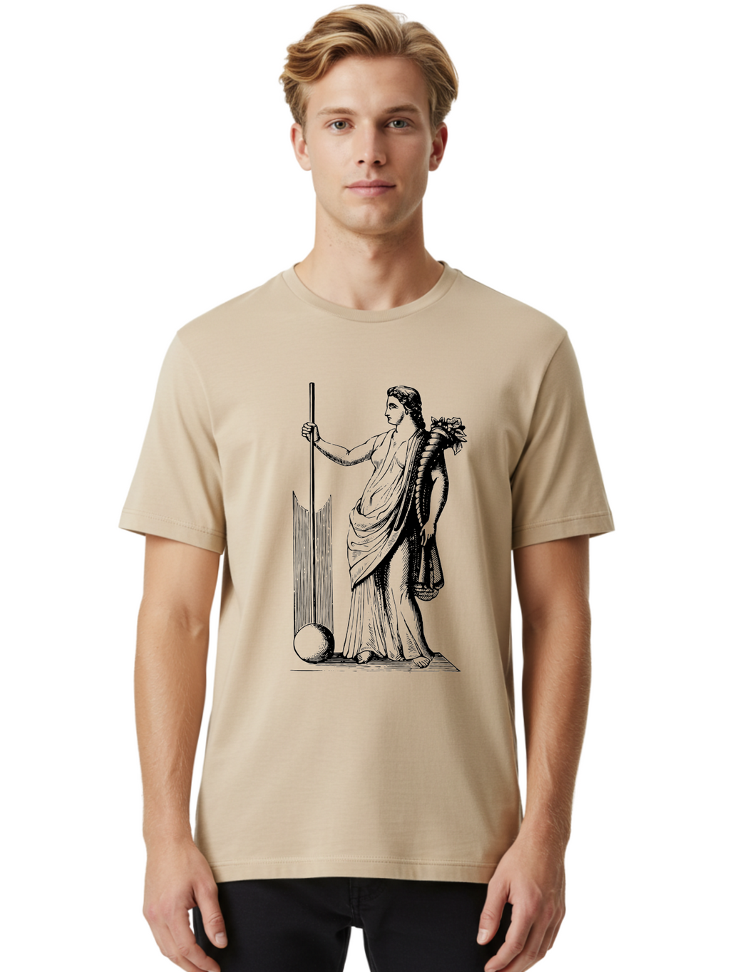 Classical-Woman Men'S Graphic Tee, 100% Cotton, Comfortable Casual Summer Wear, Machine Washable, Classical Figure, Flowing Robes, Holding Staff, Ornate Headdress, Classical Art, Historical Illustration, Regal Pose, Elegant Drapery, -  Aaa527