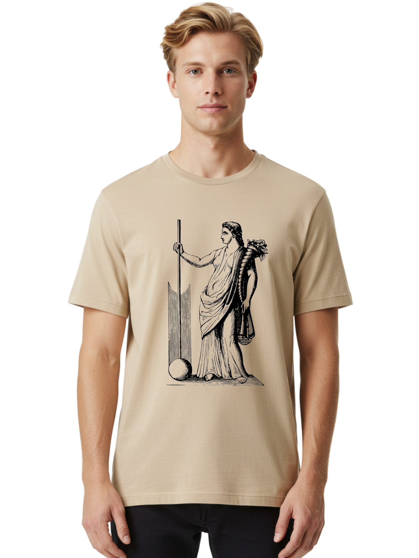 Classical-Woman Men'S Graphic Tee, 100% Cotton, Comfortable Casual Summer Wear, Machine Washable, Classical Figure, Flowing Robes, Holding Staff, Ornate Headdress, Classical Art, Historical Illustration, Regal Pose, Elegant Drapery, -  Aaa527