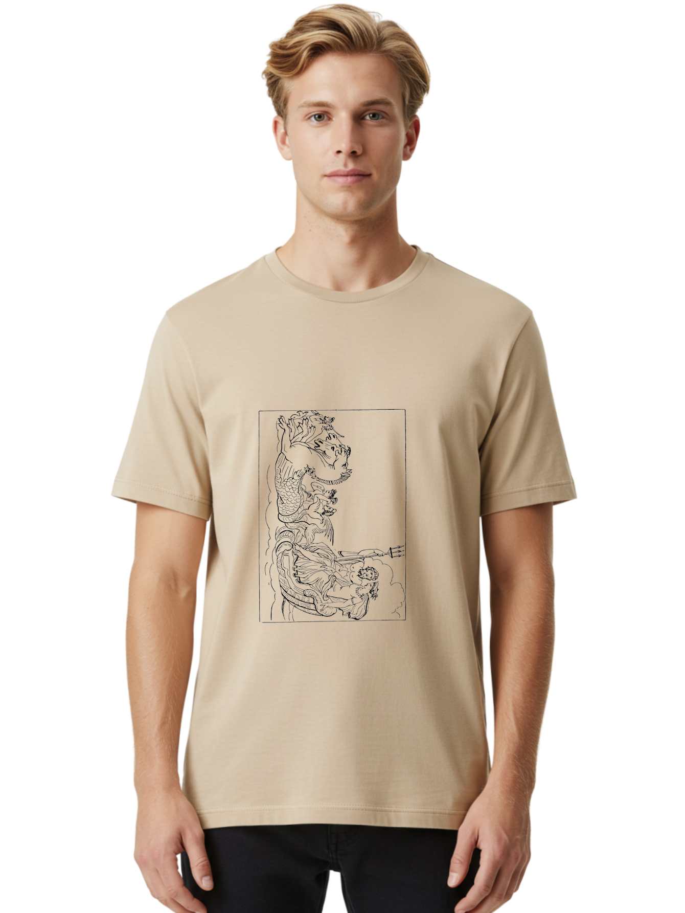 Dragon-Illustration Men'S Graphic Tee, 100% Cotton, Comfortable Casual Summer Wear, Machine Washable, Dragon And Warrior, Mythical Creature, Traditional Art, Intricate Design, Symbolic Figure, Chinese Culture, Fantasy Artwork, Line Drawing -  Aaa531