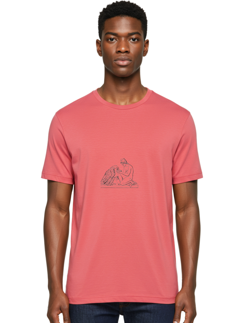 Ganymede-And-Eagle Men'S Graphic Tee, 100% Cotton, Comfortable Casual Summer Wear, Machine Washable, Kneeling Woman, Feeding Eagle, Bond Between Human And Animal, Nurturing Moment, Tender Interaction, Simple Line Art, Minimalist Design, -  Aaa534