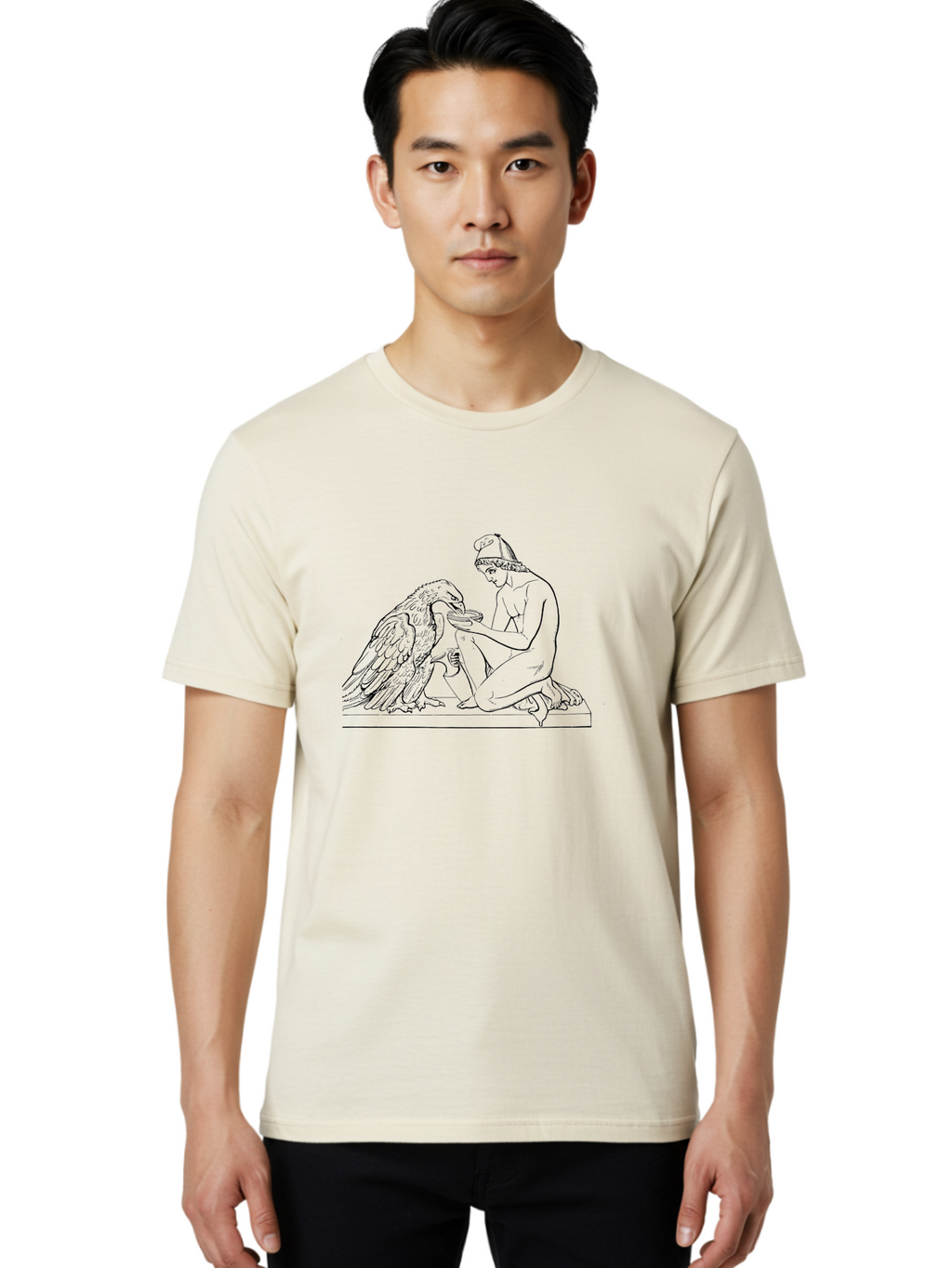 Ganymede-And-Eagle Men'S Graphic Tee, 100% Cotton, Comfortable Casual Summer Wear, Machine Washable, Kneeling Woman, Feeding Eagle, Bond Between Human And Animal, Nurturing Moment, Tender Interaction, Simple Line Art, Minimalist Design, -  Aaa534