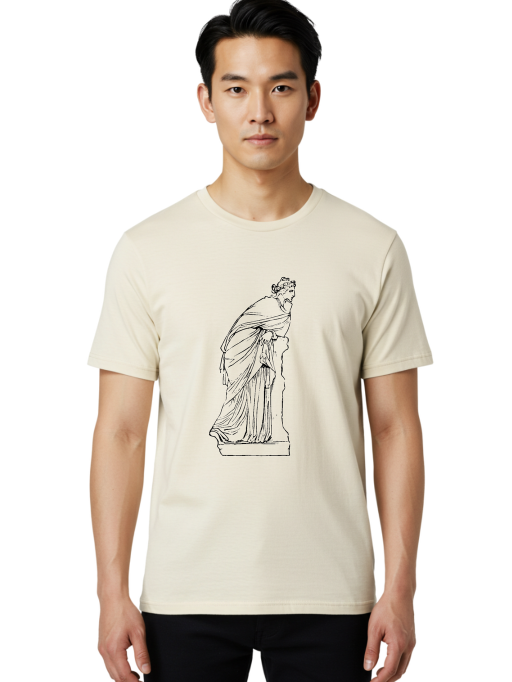 Goddess-Statue-1 Men'S Graphic Tee, 100% Cotton, Comfortable Casual Summer Wear, Machine Washable, Classical Statue, Flowing Robes, Ancient Greek Art, Minimalist Line Art, Simple Illustration, Draped Figure, Statue On Pedestal, -  Aaa535