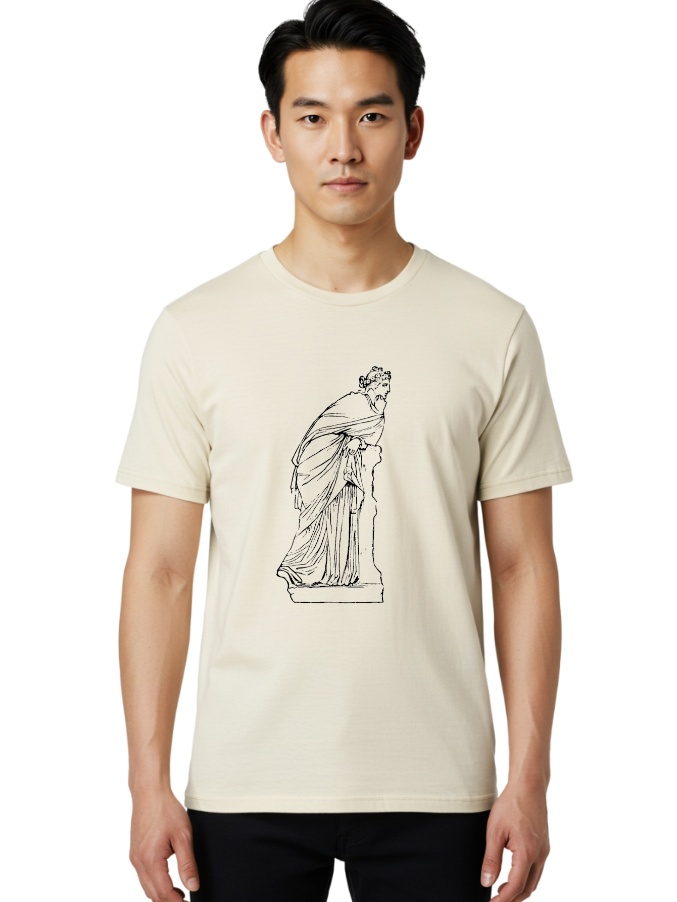 Goddess-Statue-1 Men'S Graphic Tee, 100% Cotton, Comfortable Casual Summer Wear, Machine Washable, Classical Statue, Flowing Robes, Ancient Greek Art, Minimalist Line Art, Simple Illustration, Draped Figure, Statue On Pedestal, -  Aaa535