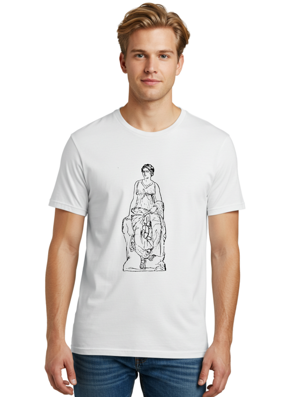 Goddess-Statue Men'S Graphic Tee, 100% Cotton, Comfortable Casual Summer Wear, Machine Washable, Classical Figure, Elegant Pose, Flowing Dress, Ancient Art, Historical Figure, Serene Expression, Artistic Illustration, Simple Lines, -  Aaa536
