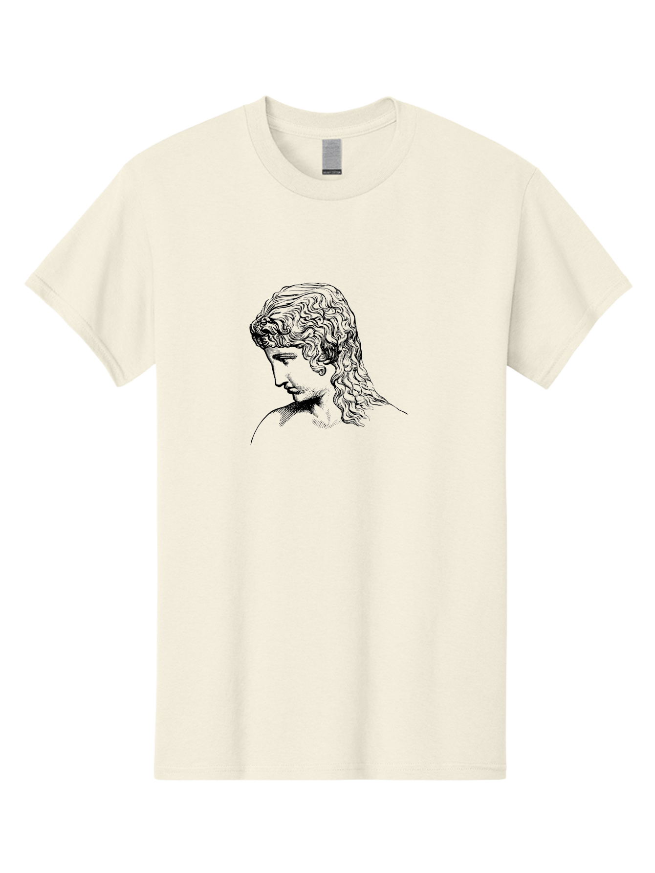 Greek-Statue-1 Men'S Graphic Tee, 100% Cotton, Comfortable Casual Summer Wear, Machine Washable, Woman Looking Down, Flowing Hair, Black And White Illustration, Elegant Portrait, Classical Art, Serene Expression, Calm Atmosphere, -  Aaa539