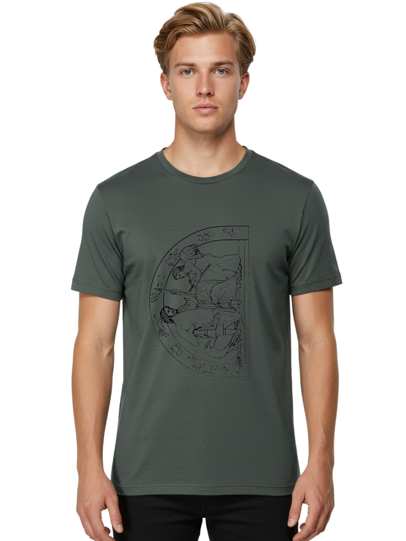 Letter-E-Illustration Men'S Graphic Tee, 100% Cotton, Comfortable Casual Summer Wear, Machine Washable, Ancient Greek Art, Warrior Battle Scene, Classical Mythology, Line Art, Historical Illustration, Mythological Creatures, -  Aaa548