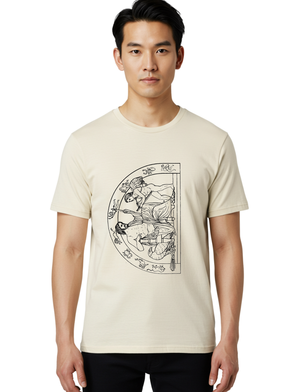 Letter-E-Illustration Men'S Graphic Tee, 100% Cotton, Comfortable Casual Summer Wear, Machine Washable, Ancient Greek Art, Warrior Battle Scene, Classical Mythology, Line Art, Historical Illustration, Mythological Creatures, -  Aaa548