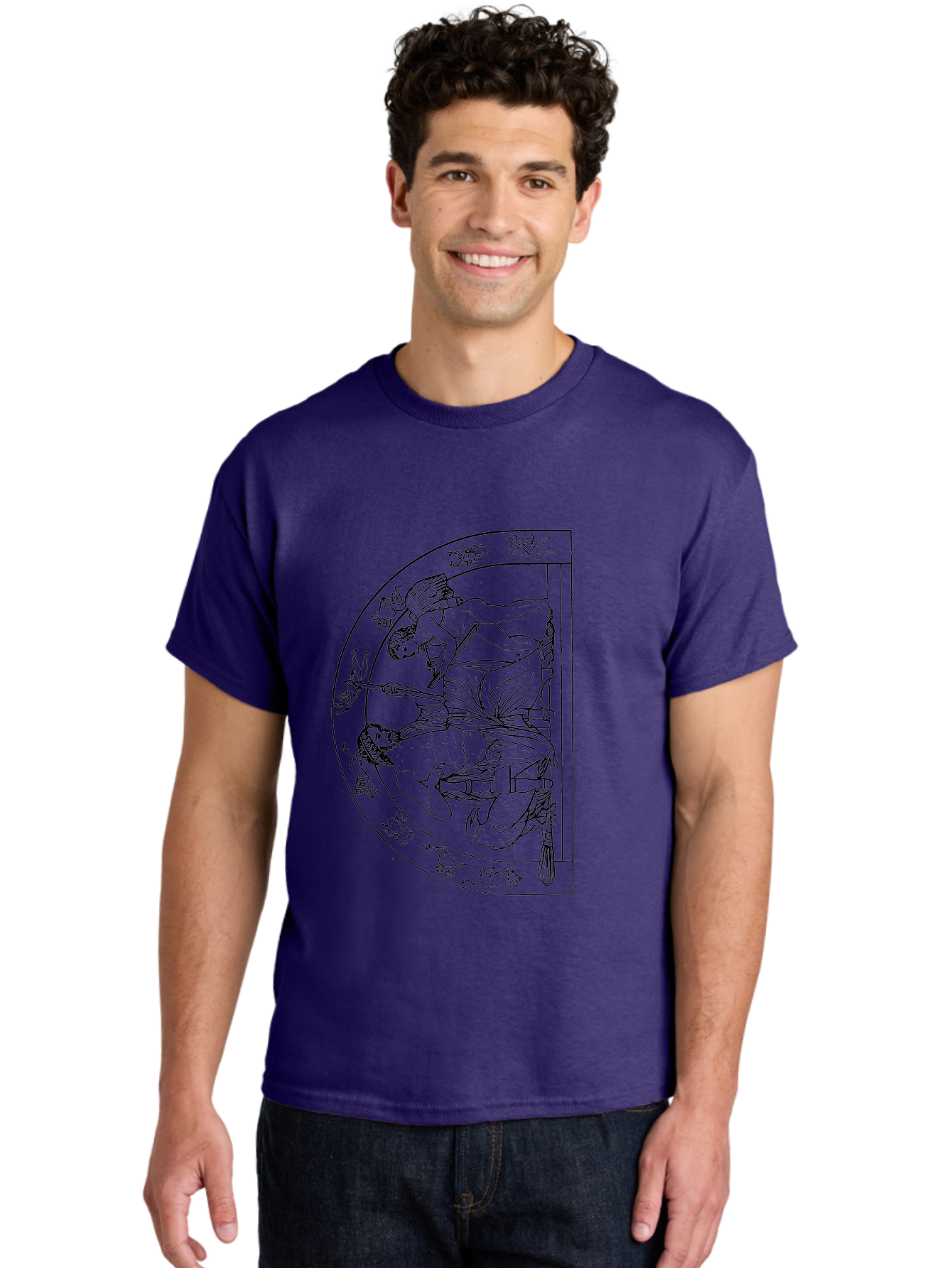 Letter-E-Illustration Men'S Graphic Tee, 100% Cotton, Comfortable Casual Summer Wear, Machine Washable, Ancient Greek Art, Warrior Battle Scene, Classical Mythology, Line Art, Historical Illustration, Mythological Creatures, -  Aaa548