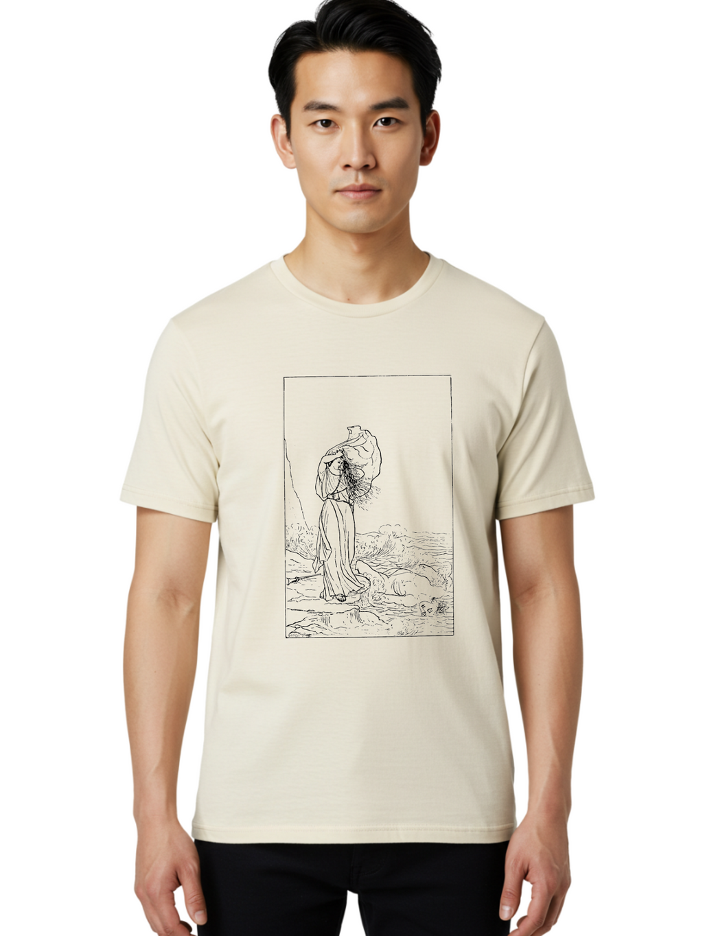 Man-With-Bundle Men'S Graphic Tee, 100% Cotton, Comfortable Casual Summer Wear, Machine Washable, Man With Fishing Net, Fishing Industry, Traditional Fishing Methods, Serene Landscape, Peaceful Atmosphere, Outdoor Scenery, Rustic Charm -  Aaa549