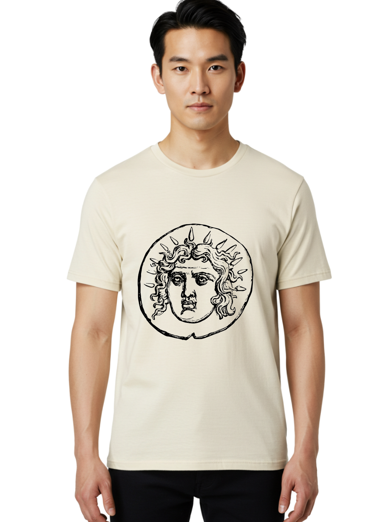 Medusa-Coin Men'S Graphic Tee, 100% Cotton, Comfortable Casual Summer Wear, Machine Washable, Medusa Head, Gorgon Myth, Curly Hair, Intense Gaze, Mythological Creature, Ancient Symbolism, Mystical Power, Gothic Style, Mythical Being, -  Aaa550