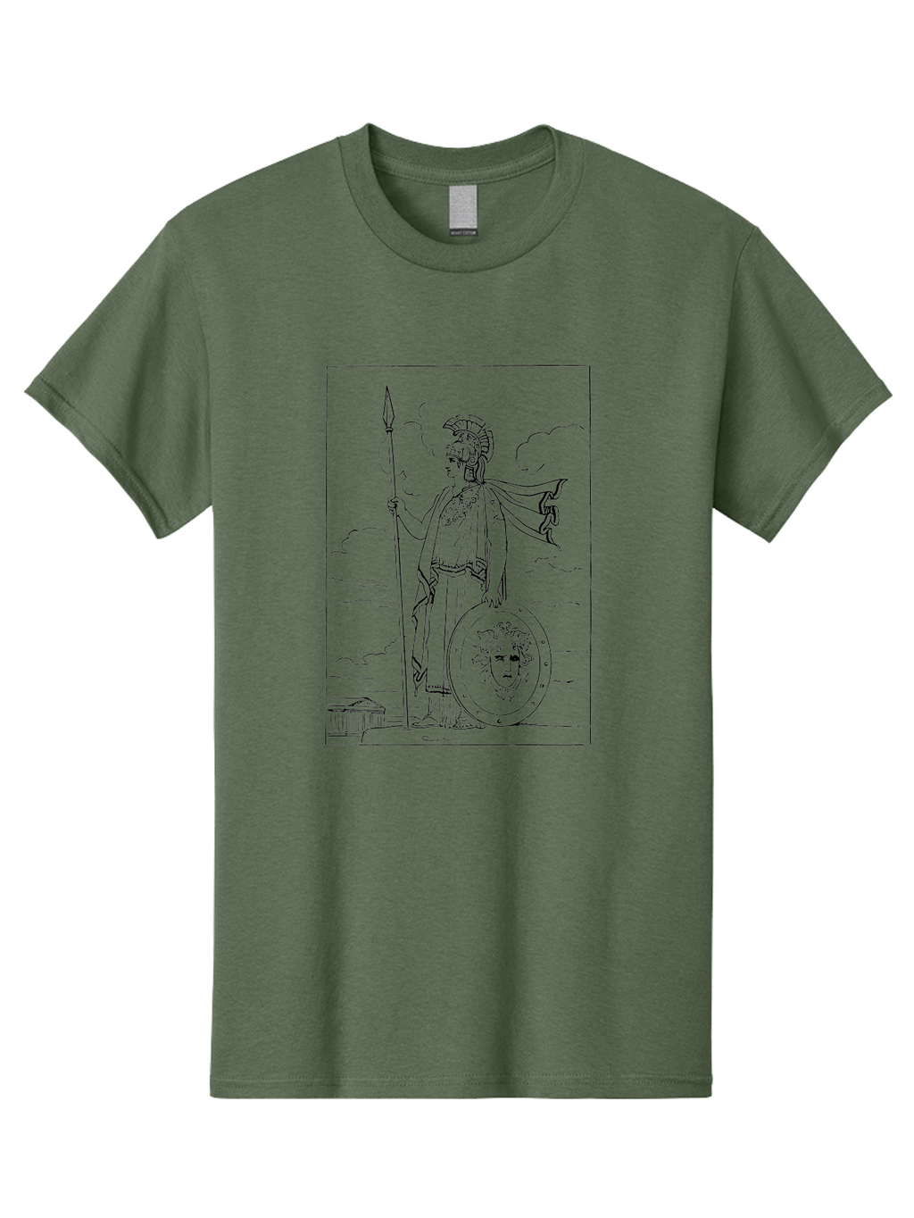Pallas-Athena Men'S Graphic Tee, 100% Cotton, Comfortable Casual Summer Wear, Machine Washable, Athena Standing, Greek Goddess, Spear In Hand, Shield With Medusa'S Head, Classical Greek Attire, Helmet And Cape, Ancient Greek Architecture, -  Aaa555