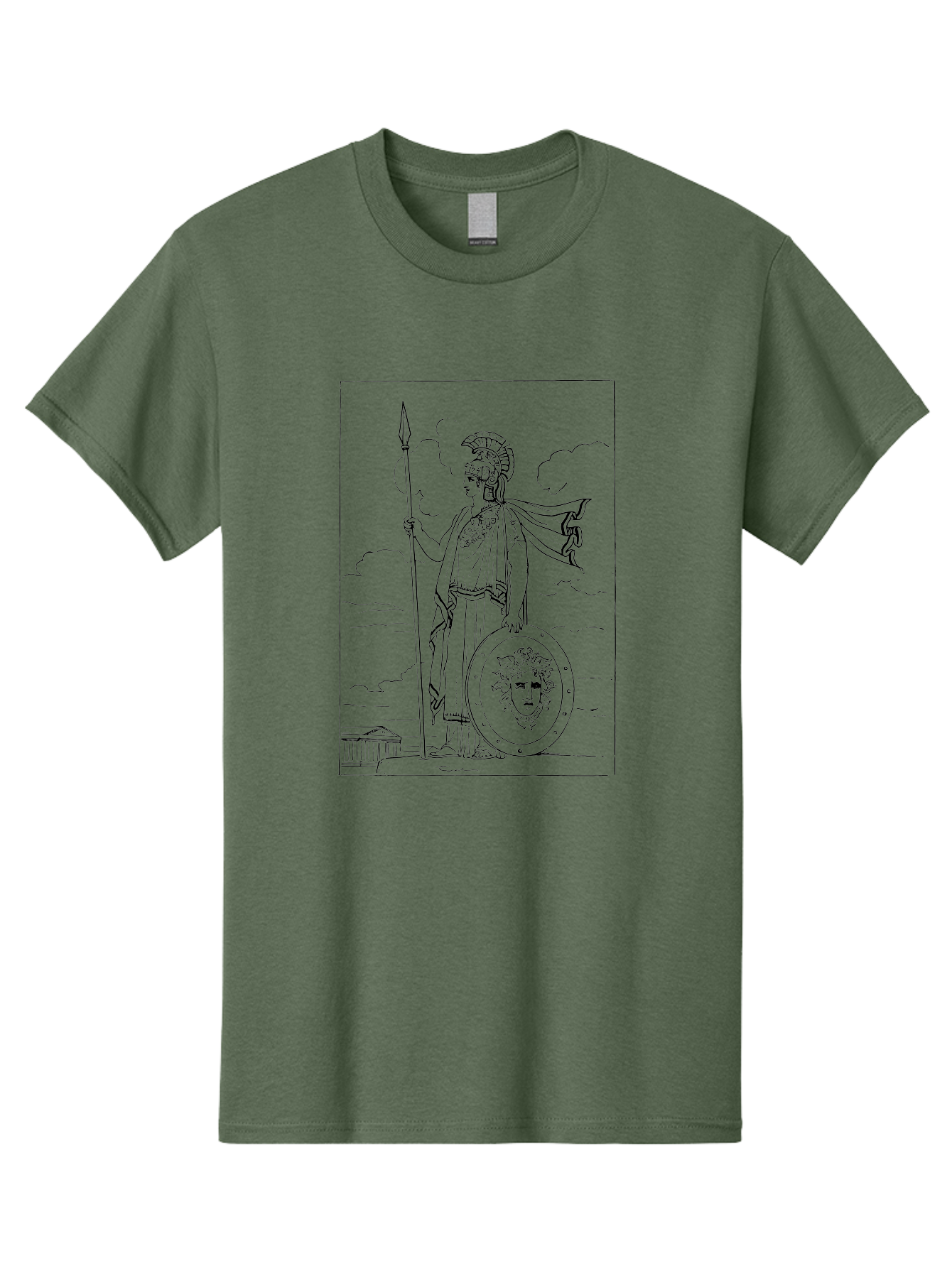 Pallas-Athena Men'S Graphic Tee, 100% Cotton, Comfortable Casual Summer Wear, Machine Washable, Athena Standing, Greek Goddess, Spear In Hand, Shield With Medusa'S Head, Classical Greek Attire, Helmet And Cape, Ancient Greek Architecture, -  Aaa555