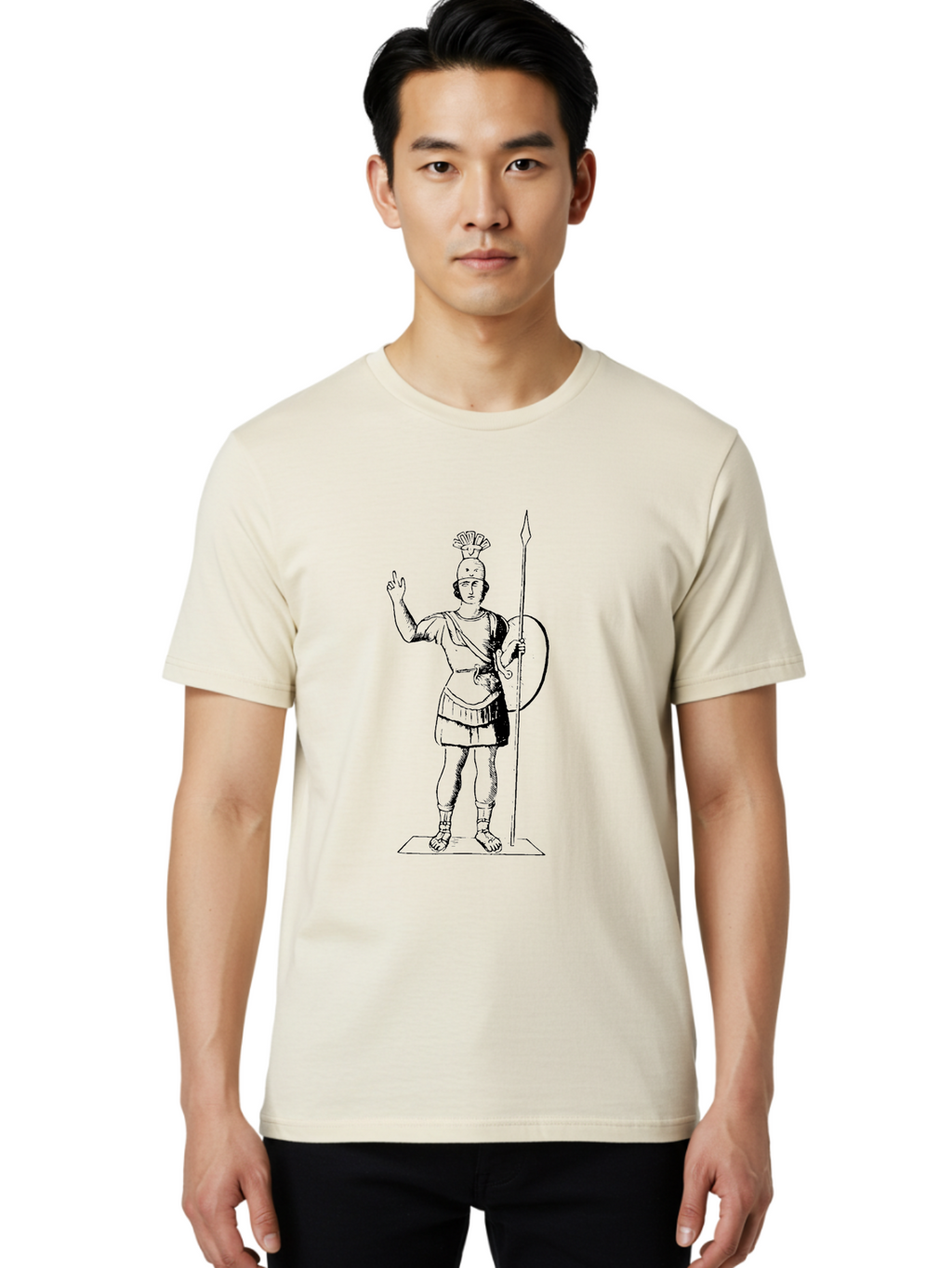 Roman-Soldier Men'S Graphic Tee, 100% Cotton, Comfortable Casual Summer Wear, Machine Washable, Roman Warrior, Ancient Armor, Spear And Shield, Classical Illustration, Historical Figure, Vintage Art, Ancient Rome, Soldier Statue -  Aaa558