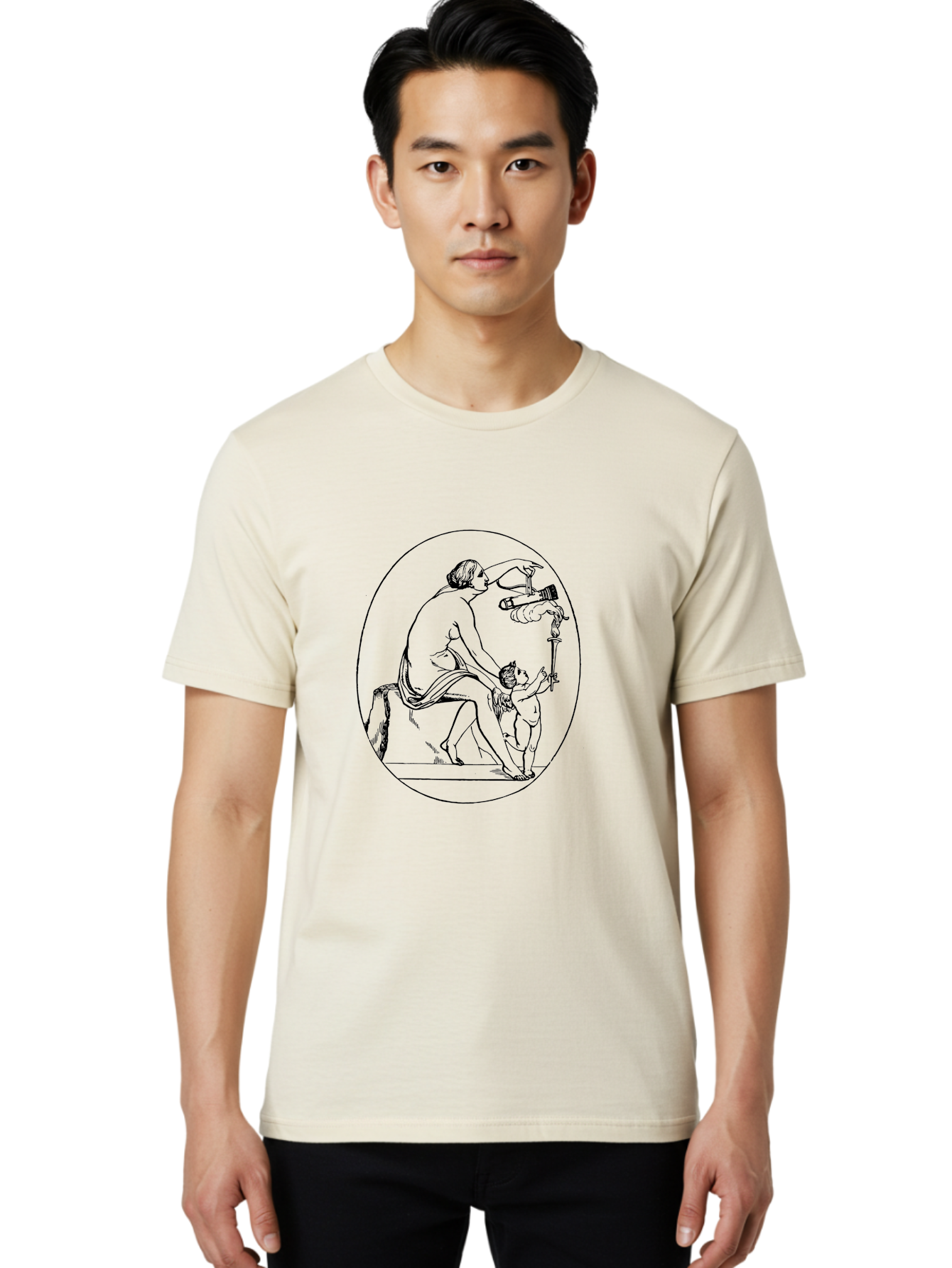 Satyr-And-Child Men'S Graphic Tee, 100% Cotton, Comfortable Casual Summer Wear, Machine Washable, Classical Art, Man Kneeling, Child Standing, Gift Giving, Ancient Greek, Black Line Art, Simple Shapes, Minimalist Design, Elegant Lines, -  Aaa560