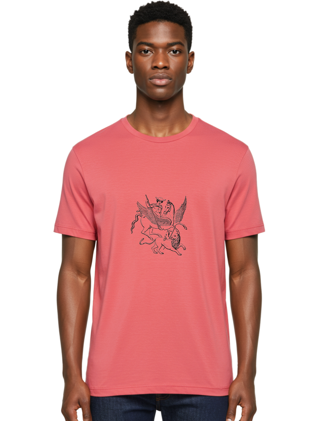 St-George-And-Dragon Men'S Graphic Tee, 100% Cotton, Comfortable Casual Summer Wear, Machine Washable, Man Riding Winged Horse, Horse Attacking Lion, Mythical Creatures, Fantasy Artwork, Black Line Art, Vintage Illustration, -  Aaa565