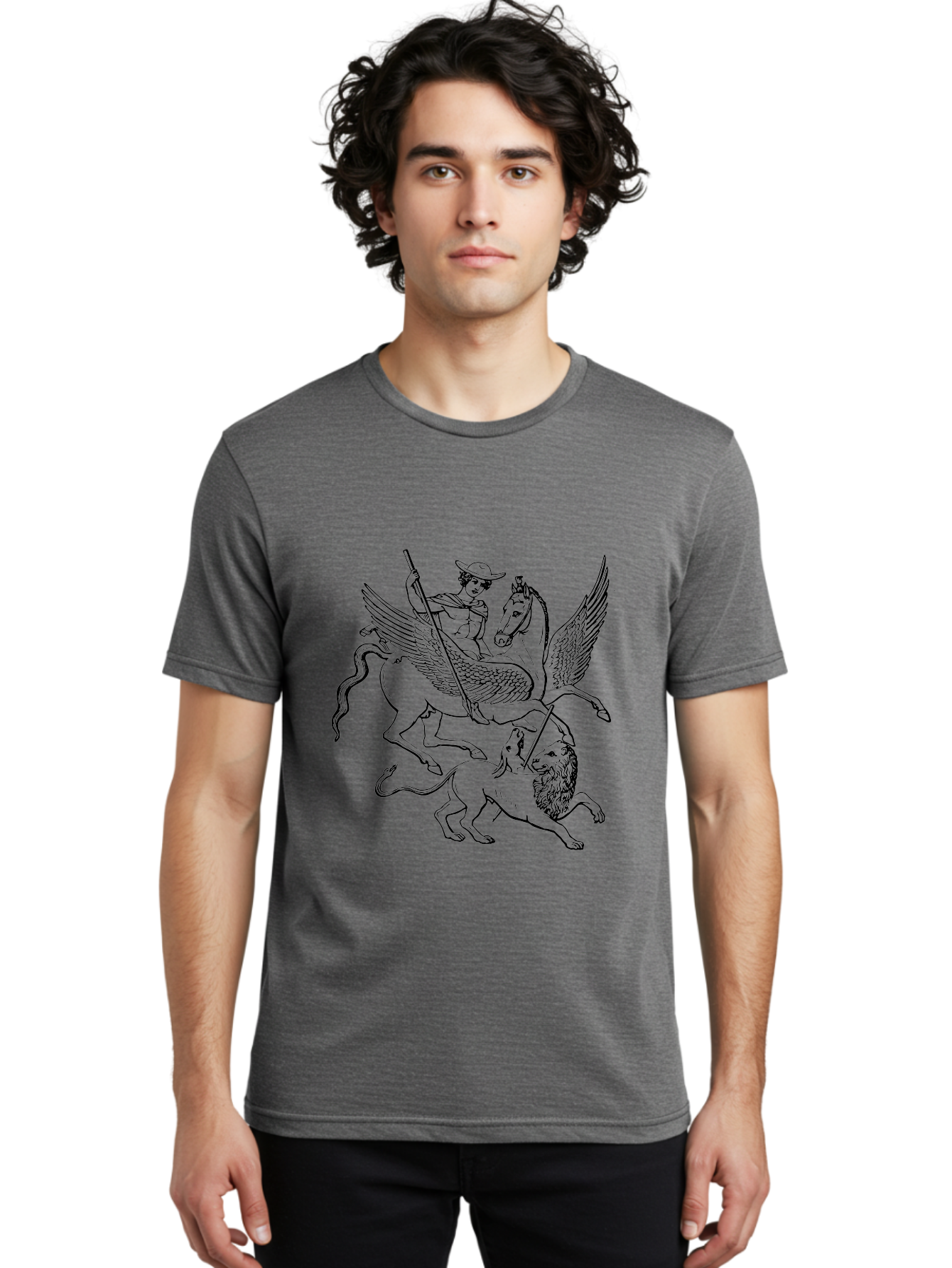 St-George-And-Dragon Men'S Graphic Tee, 100% Cotton, Comfortable Casual Summer Wear, Machine Washable, Man Riding Winged Horse, Horse Attacking Lion, Mythical Creatures, Fantasy Artwork, Black Line Art, Vintage Illustration, -  Aaa565