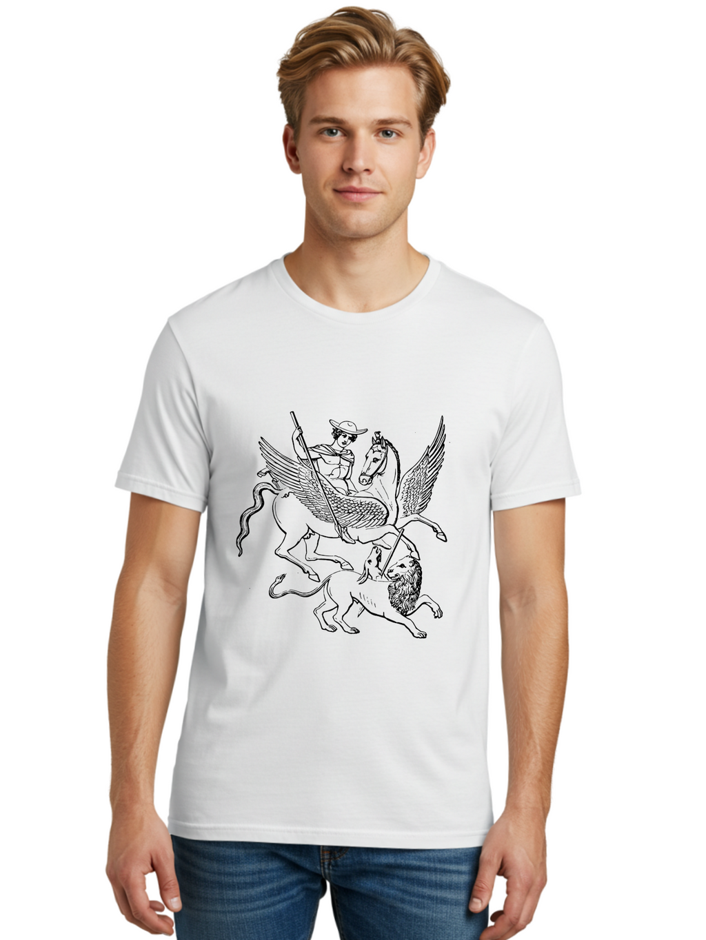 St-George-And-Dragon Men'S Graphic Tee, 100% Cotton, Comfortable Casual Summer Wear, Machine Washable, Man Riding Winged Horse, Horse Attacking Lion, Mythical Creatures, Fantasy Artwork, Black Line Art, Vintage Illustration, -  Aaa565