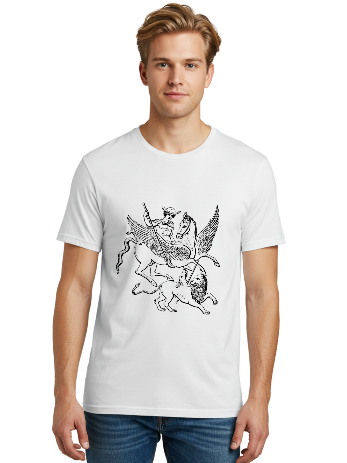 St-George-And-Dragon Men'S Graphic Tee, 100% Cotton, Comfortable Casual Summer Wear, Machine Washable, Man Riding Winged Horse, Horse Attacking Lion, Mythical Creatures, Fantasy Artwork, Black Line Art, Vintage Illustration, -  Aaa565