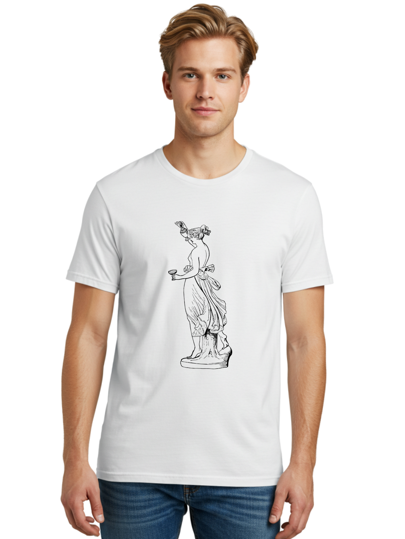 Statue-Of-Goddess Men'S Graphic Tee, 100% Cotton, Comfortable Casual Summer Wear, Machine Washable, Goddess Statue, Black Ink Drawing, Classical Attire, Flowing Robes, Ancient Deity, Figurative Art, Mythological Figure, Artistic Sketch, -  Aaa566