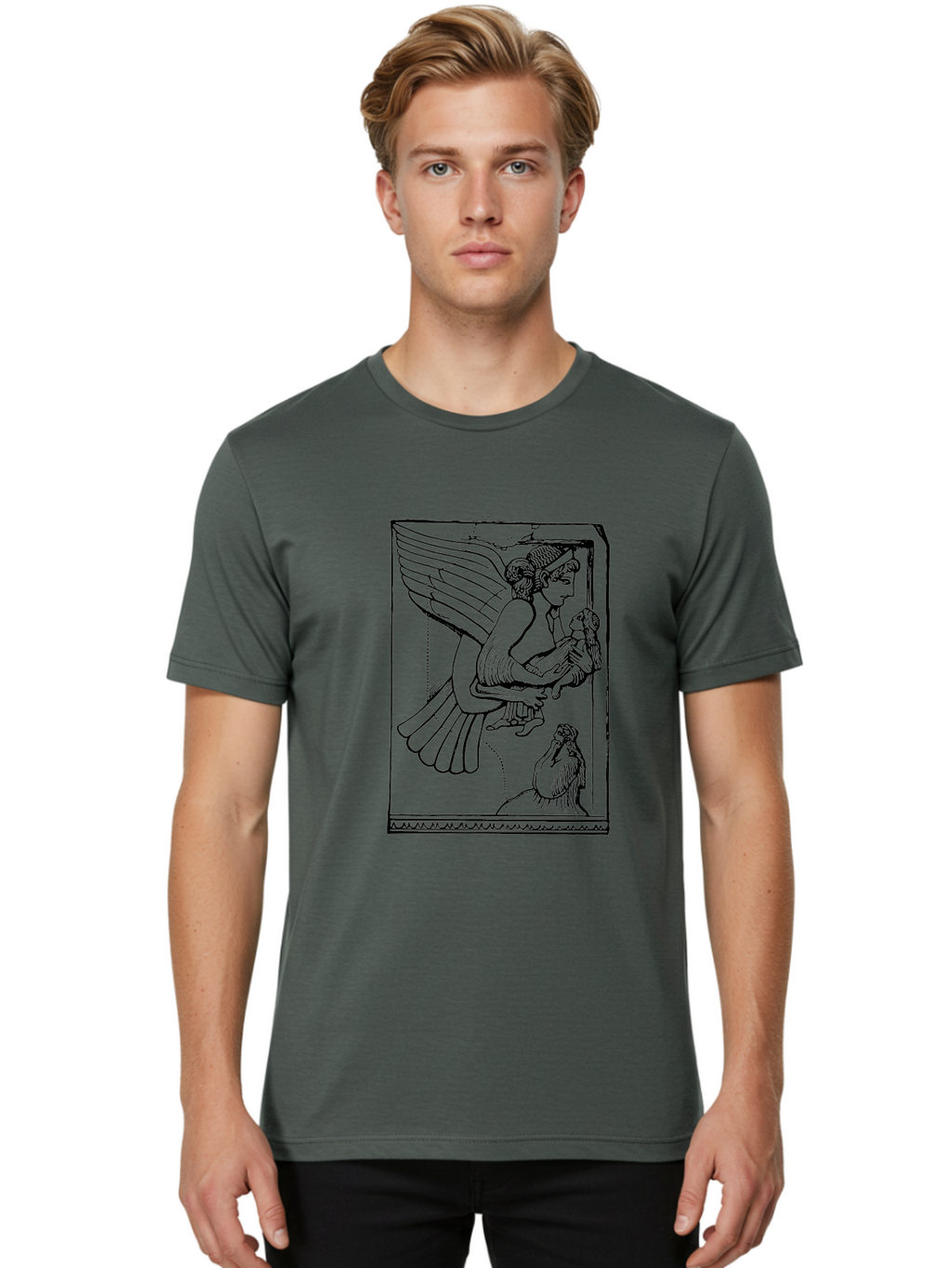 Winged-Goddess-With-Bird Men'S Graphic Tee, 100% Cotton, Comfortable Casual Summer Wear, Machine Washable, Winged Goddess Offering Dove, Ancient Greek Art, Mythological Figure, Dove Symbolism, Angelic Being, Classical Mythology, -  Aaa571