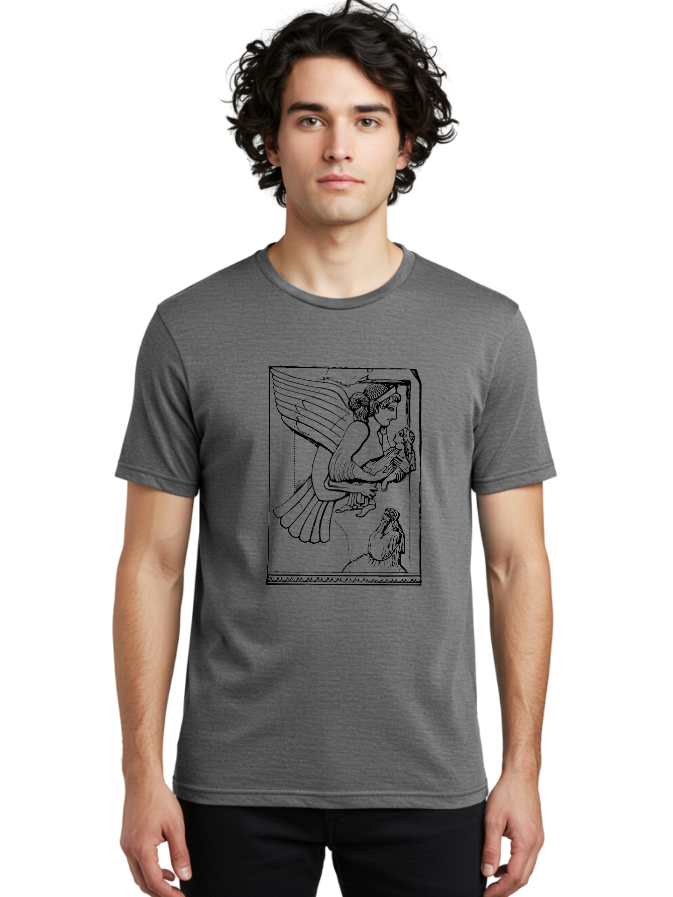 Winged-Goddess-With-Bird Men'S Graphic Tee, 100% Cotton, Comfortable Casual Summer Wear, Machine Washable, Winged Goddess Offering Dove, Ancient Greek Art, Mythological Figure, Dove Symbolism, Angelic Being, Classical Mythology, -  Aaa571