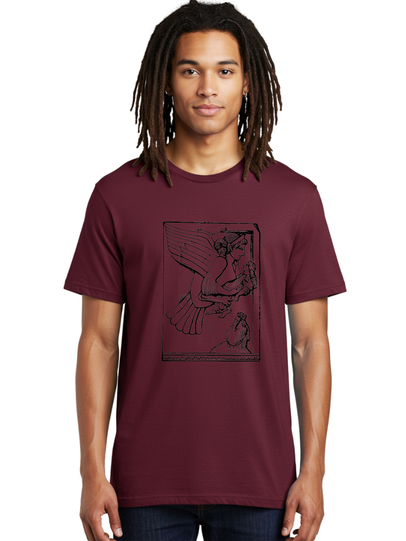 Winged-Goddess-With-Bird Men'S Graphic Tee, 100% Cotton, Comfortable Casual Summer Wear, Machine Washable, Winged Goddess Offering Dove, Ancient Greek Art, Mythological Figure, Dove Symbolism, Angelic Being, Classical Mythology, -  Aaa571