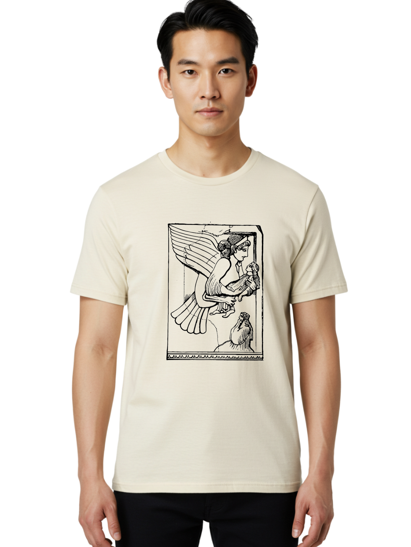 Winged-Goddess-With-Bird Men'S Graphic Tee, 100% Cotton, Comfortable Casual Summer Wear, Machine Washable, Winged Goddess Offering Dove, Ancient Greek Art, Mythological Figure, Dove Symbolism, Angelic Being, Classical Mythology, -  Aaa571