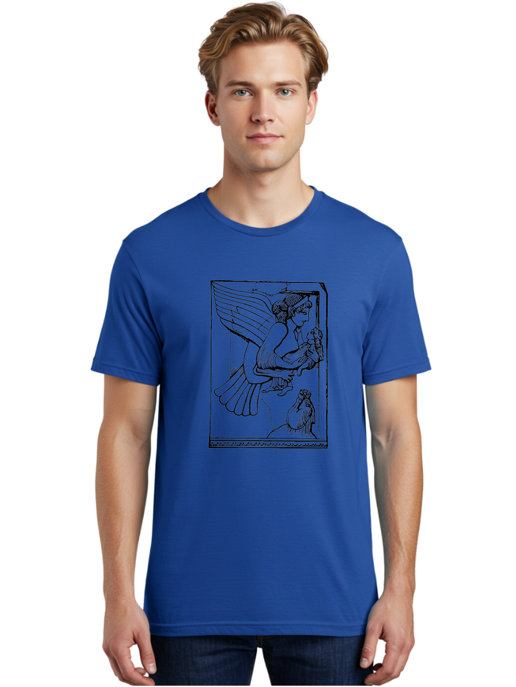 Winged-Goddess-With-Bird Men'S Graphic Tee, 100% Cotton, Comfortable Casual Summer Wear, Machine Washable, Winged Goddess Offering Dove, Ancient Greek Art, Mythological Figure, Dove Symbolism, Angelic Being, Classical Mythology, -  Aaa571