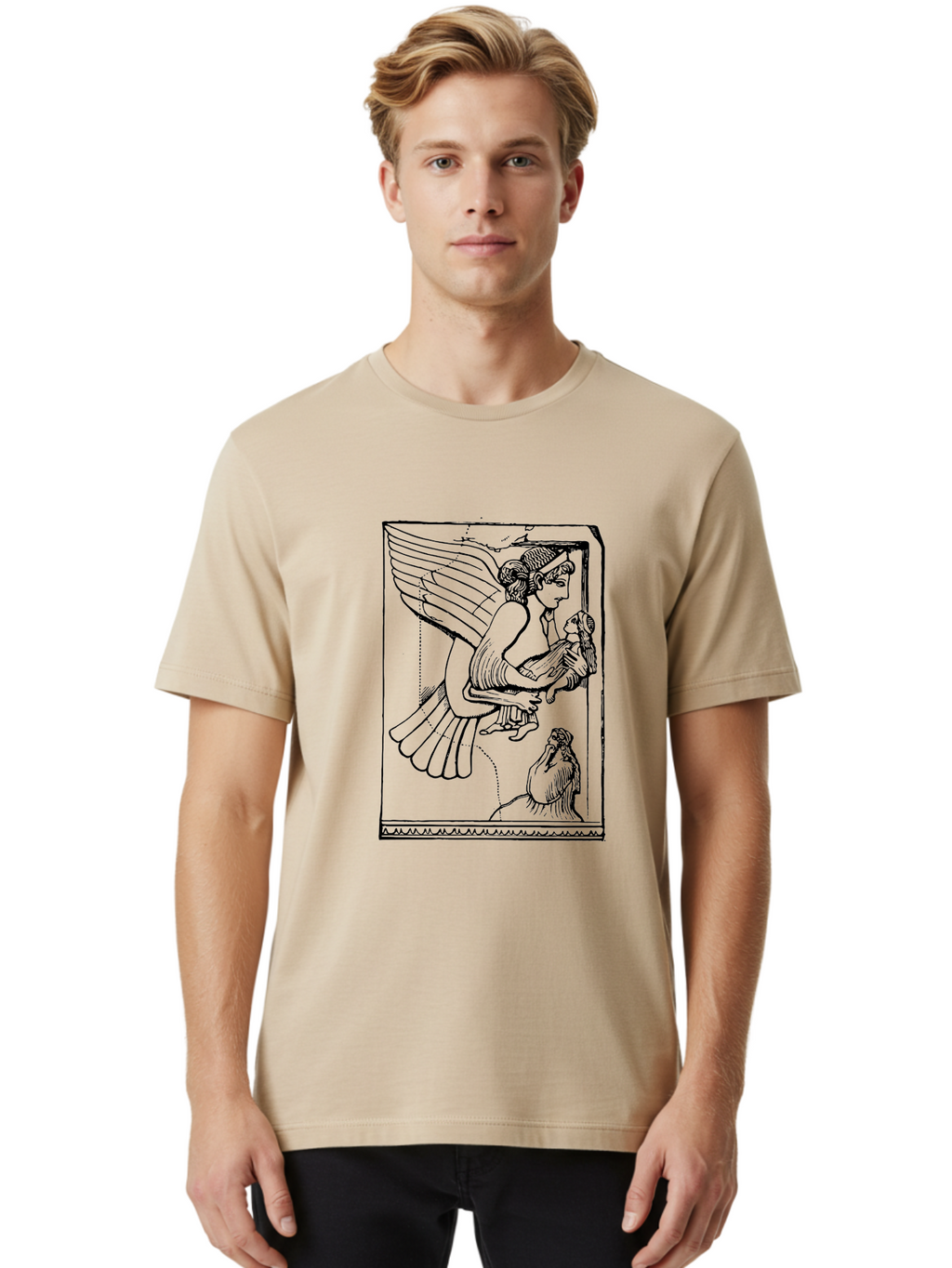 Winged-Goddess-With-Bird Men'S Graphic Tee, 100% Cotton, Comfortable Casual Summer Wear, Machine Washable, Winged Goddess Offering Dove, Ancient Greek Art, Mythological Figure, Dove Symbolism, Angelic Being, Classical Mythology, -  Aaa571