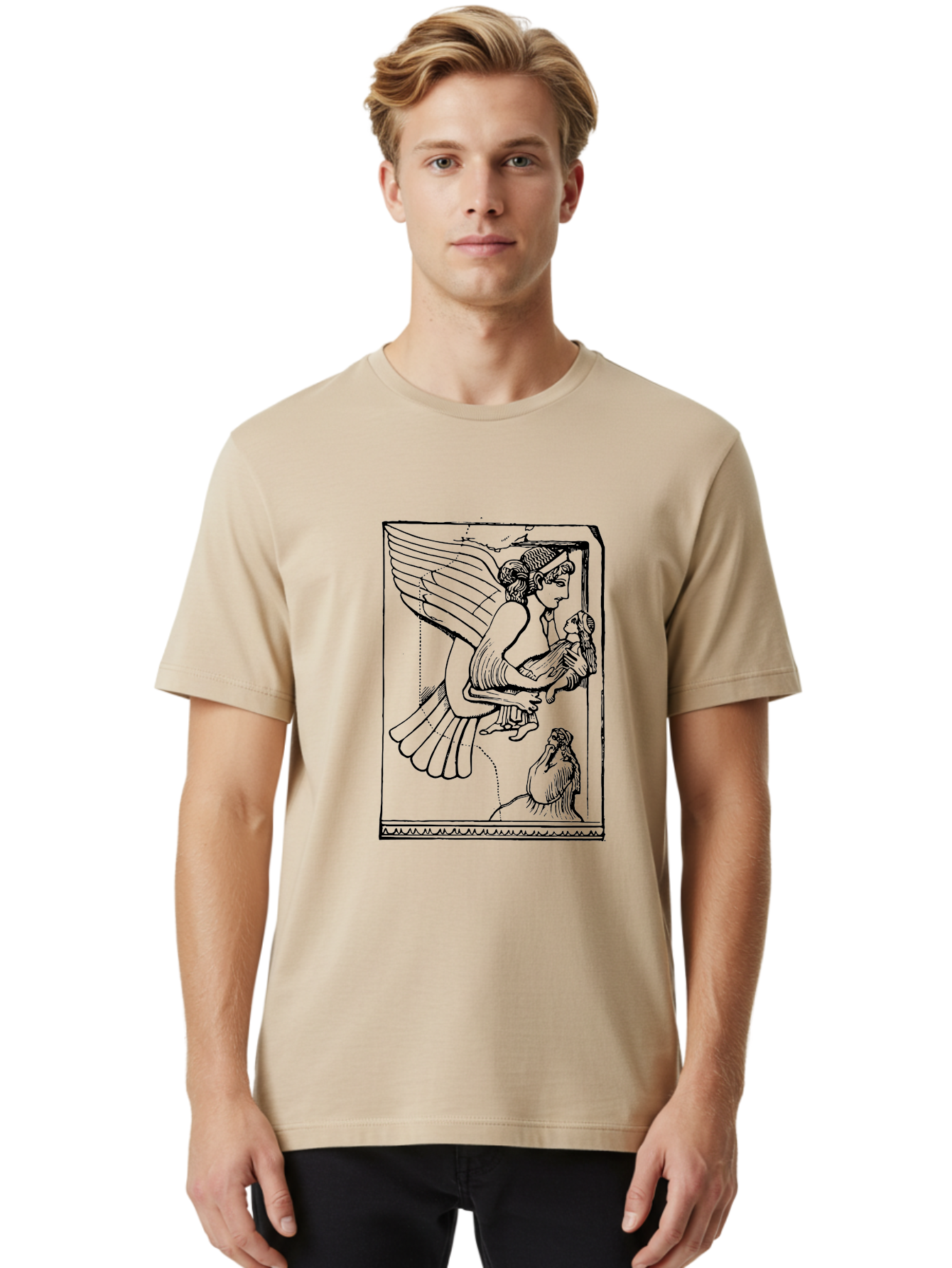Winged-Goddess-With-Bird Men'S Graphic Tee, 100% Cotton, Comfortable Casual Summer Wear, Machine Washable, Winged Goddess Offering Dove, Ancient Greek Art, Mythological Figure, Dove Symbolism, Angelic Being, Classical Mythology, -  Aaa571