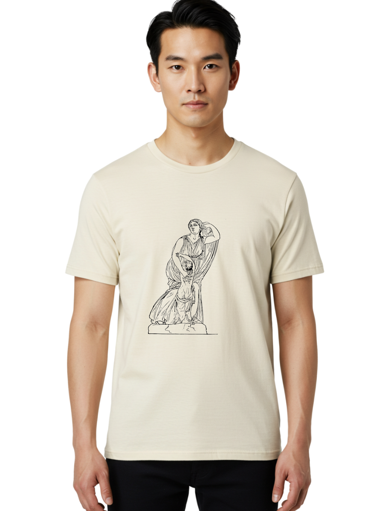 Woman-And-Child-Statue Men'S Graphic Tee, 100% Cotton, Comfortable Casual Summer Wear, Machine Washable, Statue Of A Woman, Classical Art, Greek Or Roman Sculpture, Mother And Child, Flowing Robes, Serene Expression, Iconic Artwork, -  Aaa572