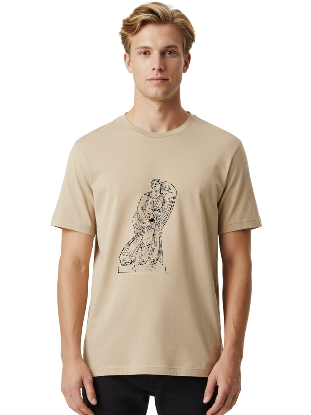 Woman-And-Child-Statue Men'S Graphic Tee, 100% Cotton, Comfortable Casual Summer Wear, Machine Washable, Statue Of A Woman, Classical Art, Greek Or Roman Sculpture, Mother And Child, Flowing Robes, Serene Expression, Iconic Artwork, -  Aaa572