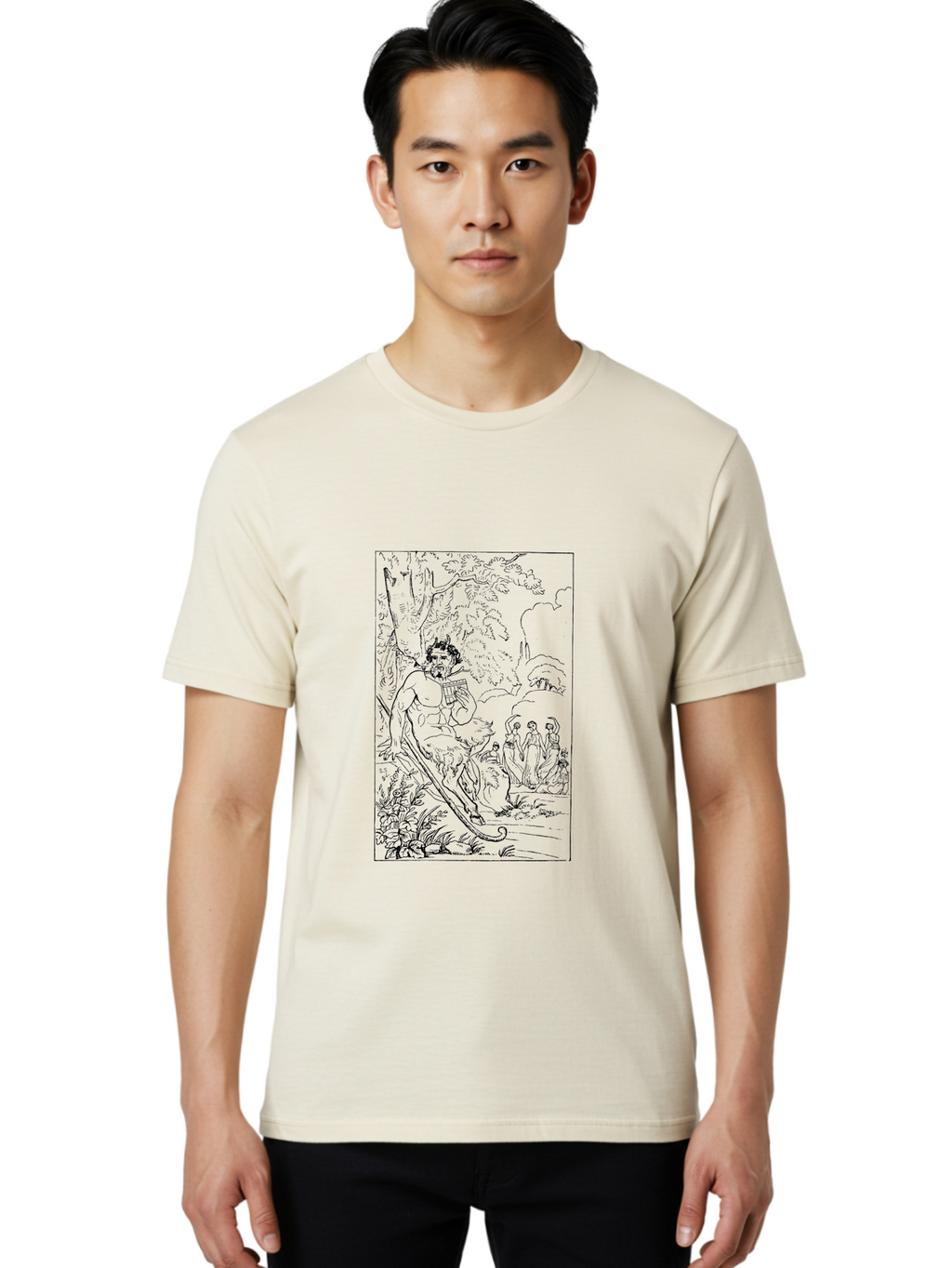 Woman-Hammock Men'S Graphic Tee, 100% Cotton, Comfortable Casual Summer Wear, Machine Washable, Satyrs In Forest, Mythological Creatures, Ancient Greek Mythology, Lush Foliage, Natural Scenery, Idyllic Setting, Folklore, Woodland Nymphs, -  Aaa573