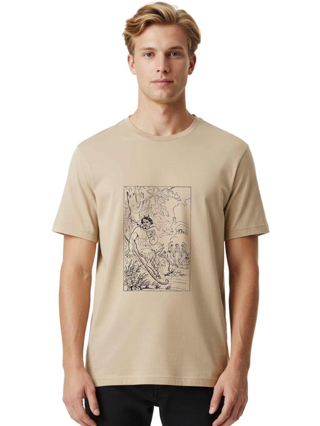 Woman-Hammock Men'S Graphic Tee, 100% Cotton, Comfortable Casual Summer Wear, Machine Washable, Satyrs In Forest, Mythological Creatures, Ancient Greek Mythology, Lush Foliage, Natural Scenery, Idyllic Setting, Folklore, Woodland Nymphs, -  Aaa573