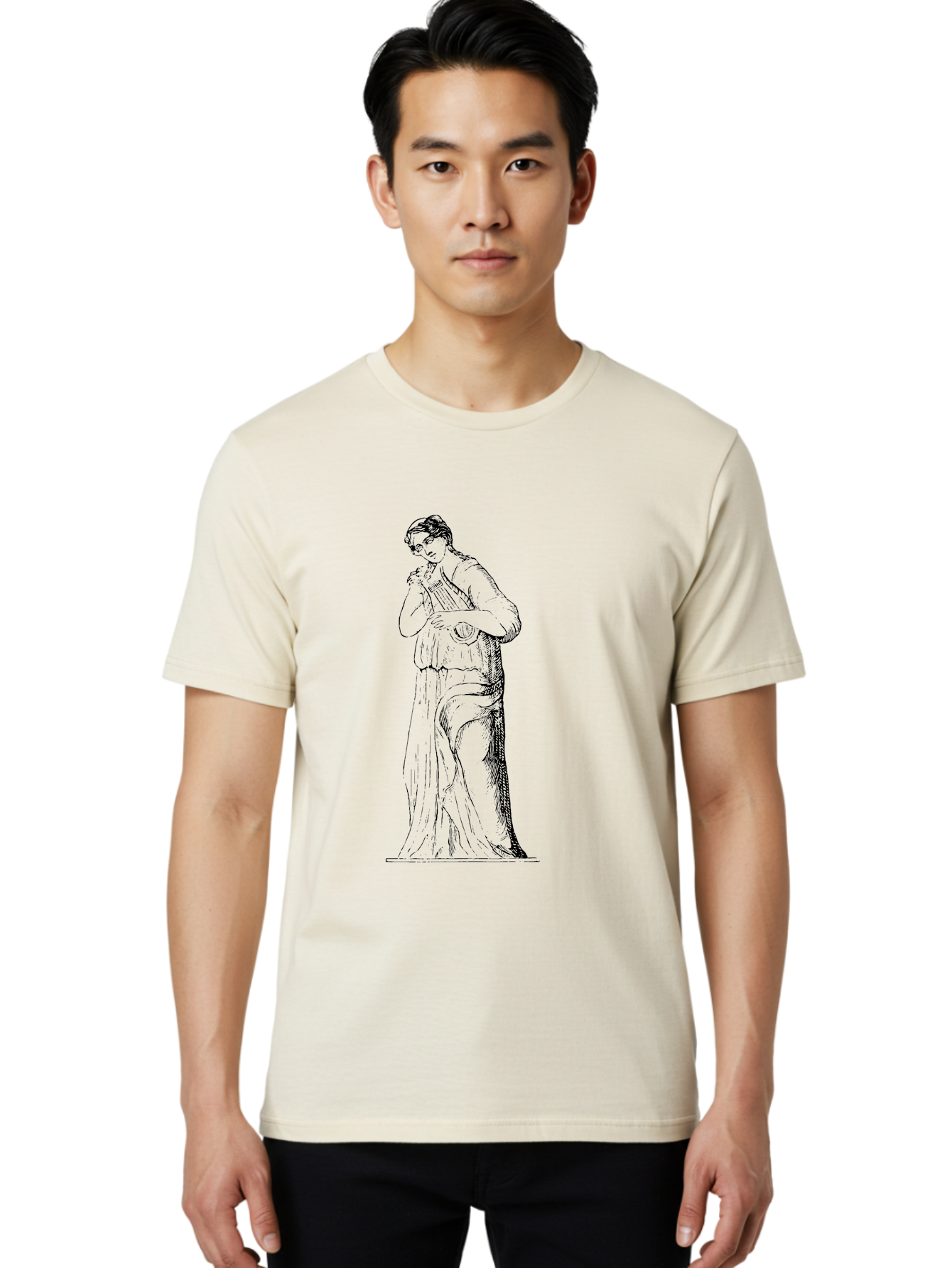 Woman-Playing-Lyre Men'S Graphic Tee, 100% Cotton, Comfortable Casual Summer Wear, Machine Washable, Classical Illustration, Ancient Greek Music, Female Musician, Lyre Player, Artistic Expression, Cultural Heritage, Historical Art, -  Aaa574