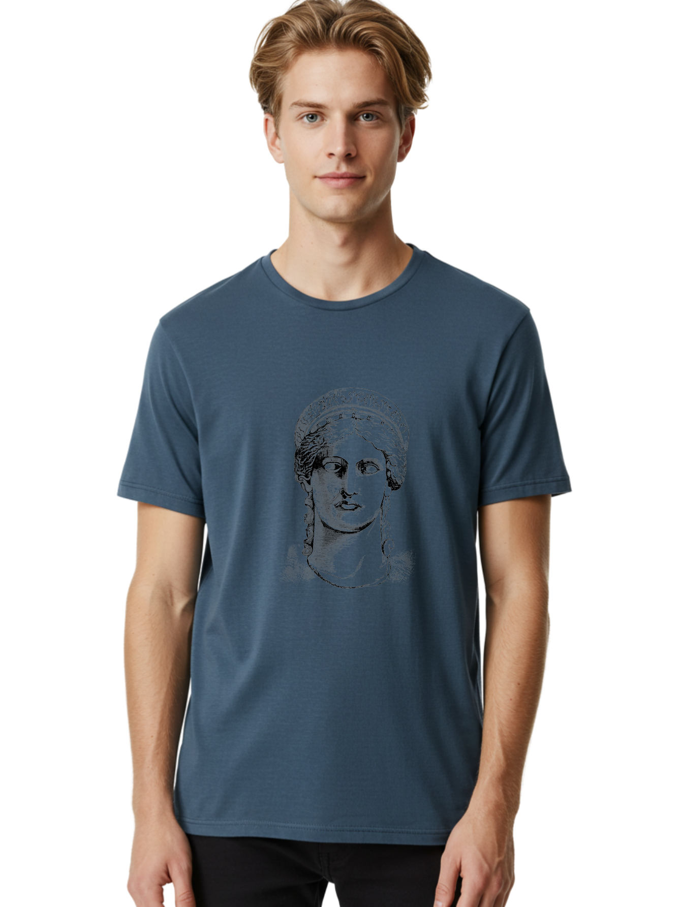 Woman-Portrait Men'S Graphic Tee, 100% Cotton, Comfortable Casual Summer Wear, Machine Washable, Classical Art, Ancient Greek Mythology, Marble Bust, Goddess Statue, Serene Face, Elegant Portrait, Intricate Details, Classical Beauty, -  Aaa575