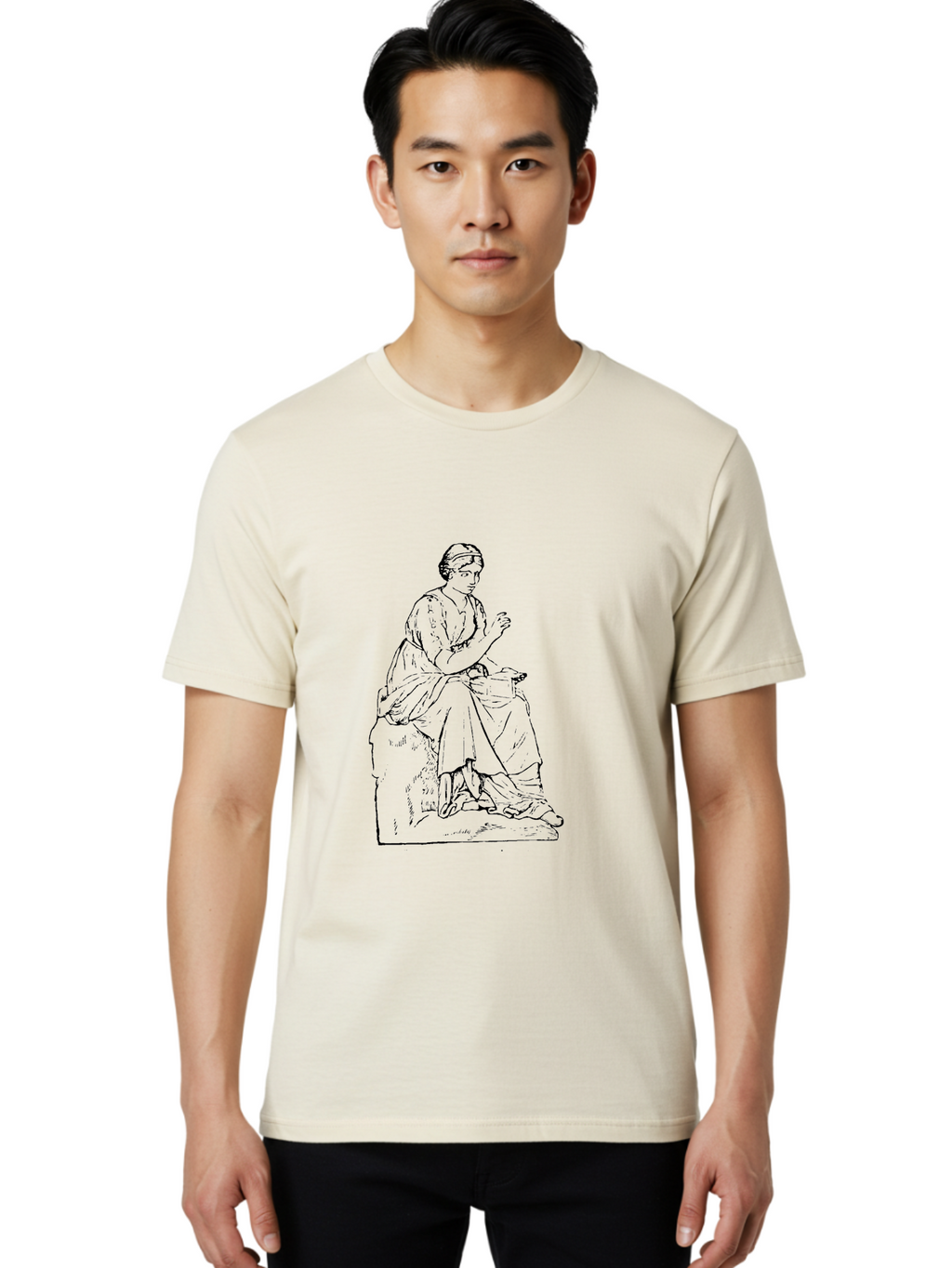 Woman-Sitting Men'S Graphic Tee, 100% Cotton, Comfortable Casual Summer Wear, Machine Washable, Classical Art, Woman Sitting On A Rock, Flowing Dress, Serene Atmosphere, Simple Elegance, Pencil Drawing Style, Female Figure, -  Aaa576
