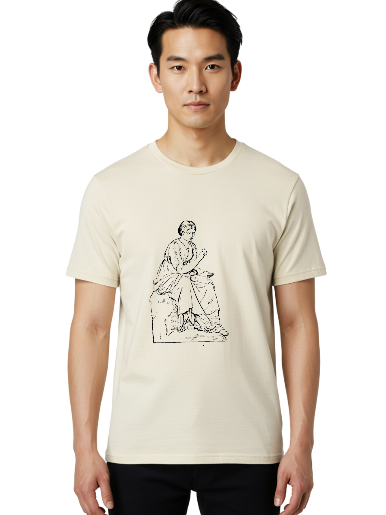 Woman-Sitting Men'S Graphic Tee, 100% Cotton, Comfortable Casual Summer Wear, Machine Washable, Classical Art, Woman Sitting On A Rock, Flowing Dress, Serene Atmosphere, Simple Elegance, Pencil Drawing Style, Female Figure, -  Aaa576