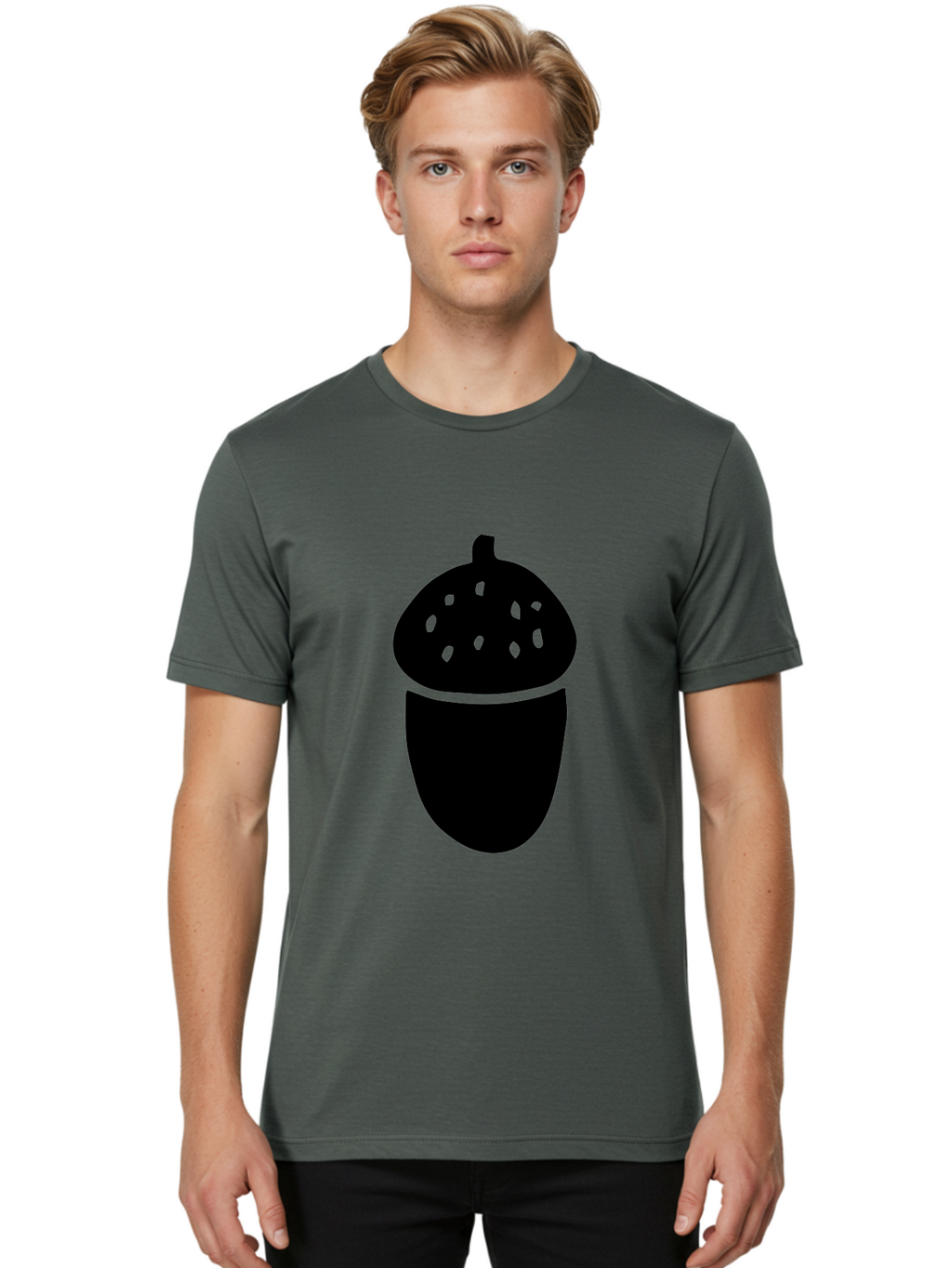 Acorn-Silhouette Men'S Graphic Tee, 100% Cotton, Comfortable Casual Summer Wear, Machine Washable, Acorn Silhouette, Oak Tree Symbol, Forest Icon, Nature Emblem, Autumn Motif, Wildlife Sign, Black Acorn -  Aaa578