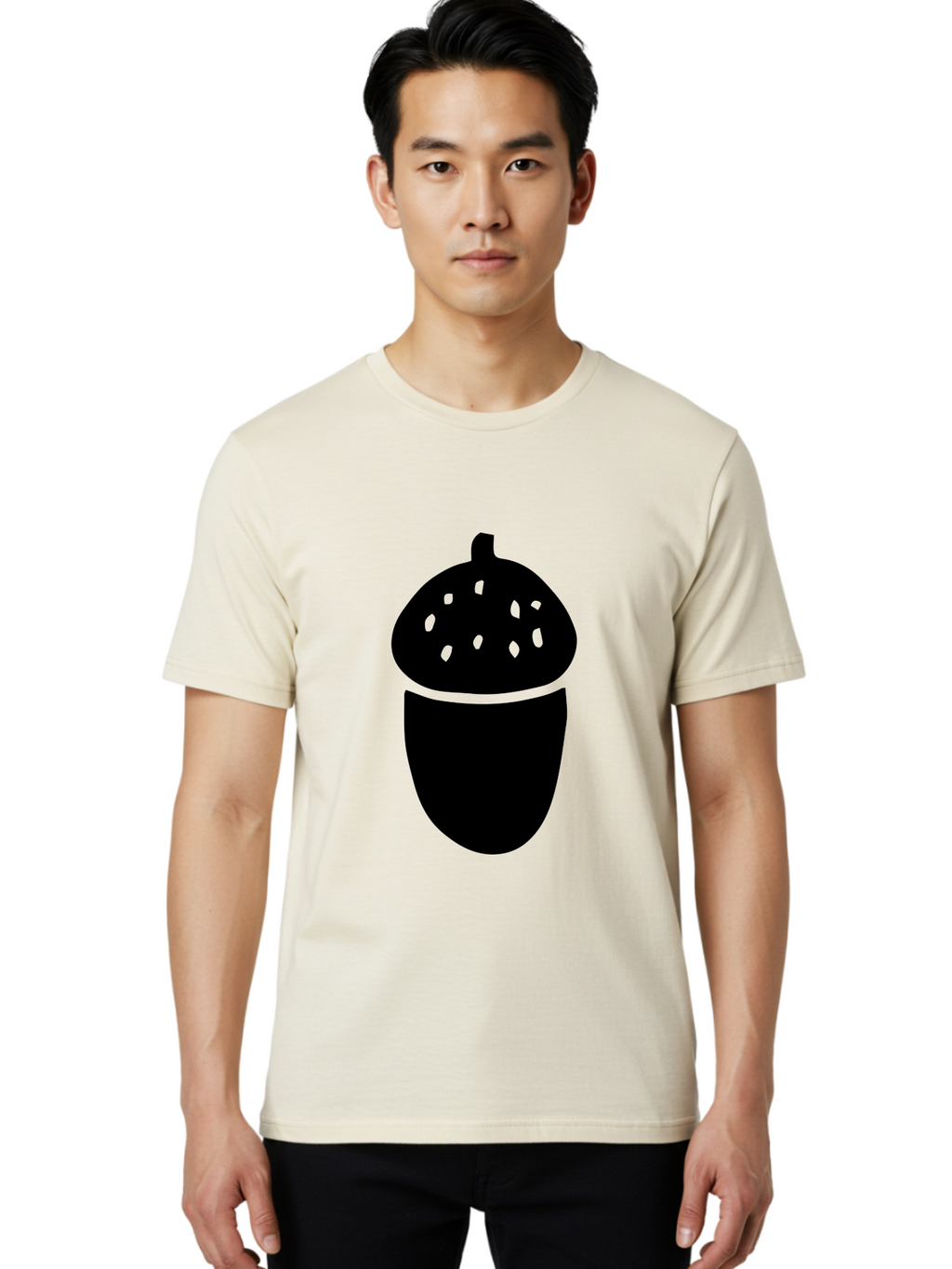 Acorn-Silhouette Men'S Graphic Tee, 100% Cotton, Comfortable Casual Summer Wear, Machine Washable, Acorn Silhouette, Oak Tree Symbol, Forest Icon, Nature Emblem, Autumn Motif, Wildlife Sign, Black Acorn -  Aaa578