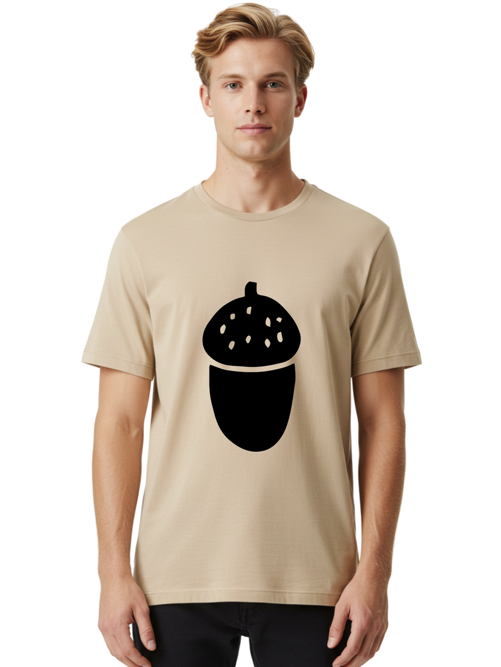 Acorn-Silhouette Men'S Graphic Tee, 100% Cotton, Comfortable Casual Summer Wear, Machine Washable, Acorn Silhouette, Oak Tree Symbol, Forest Icon, Nature Emblem, Autumn Motif, Wildlife Sign, Black Acorn -  Aaa578
