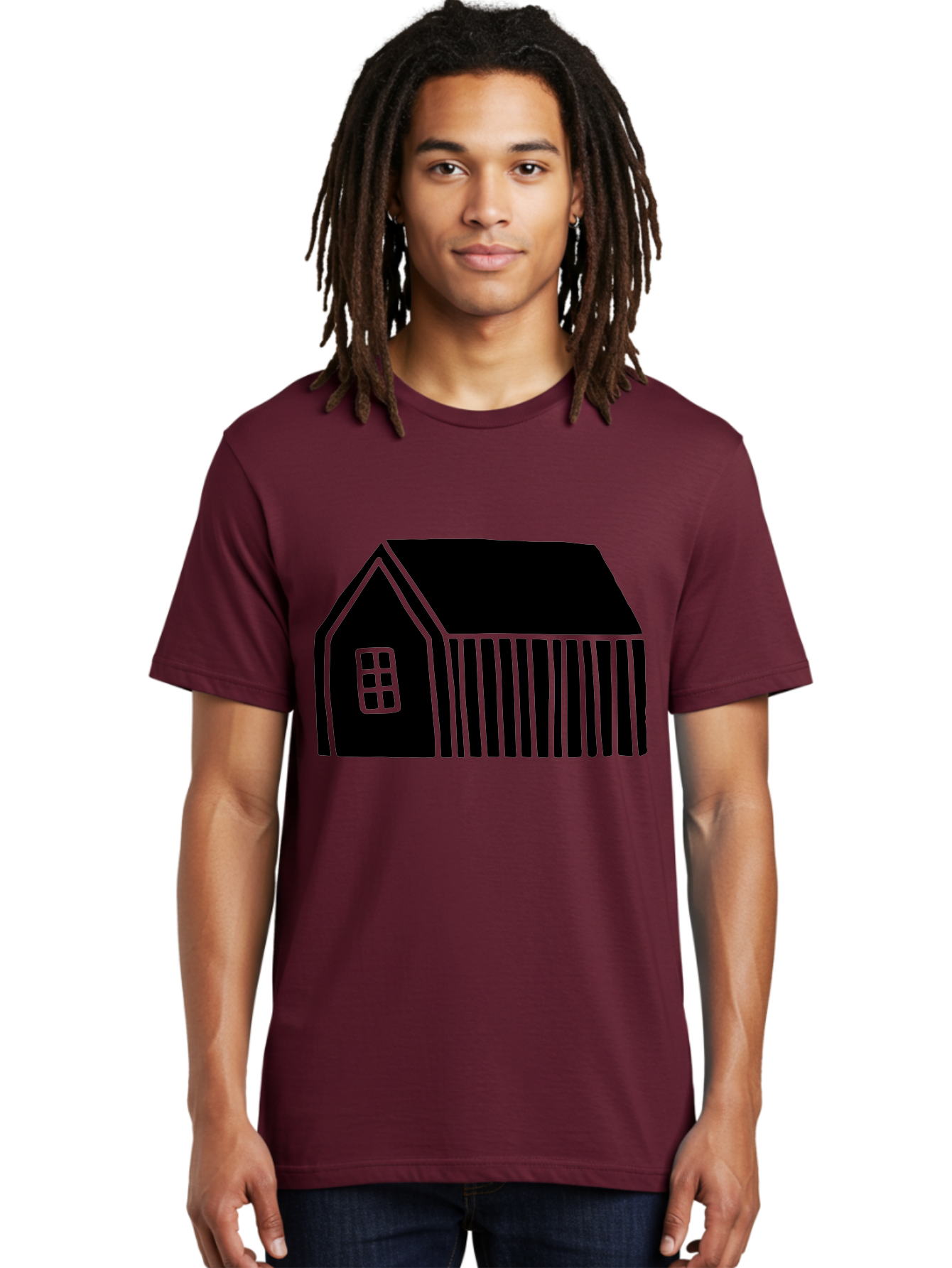 Barn Men'S Graphic Tee, 100% Cotton, Comfortable Casual Summer Wear, Machine Washable, Barn Illustration, Simple Design, Rural Architecture, Farm Building, Minimalist Art, Country Style, Black Silhouette, Green Outline -  Aaa580