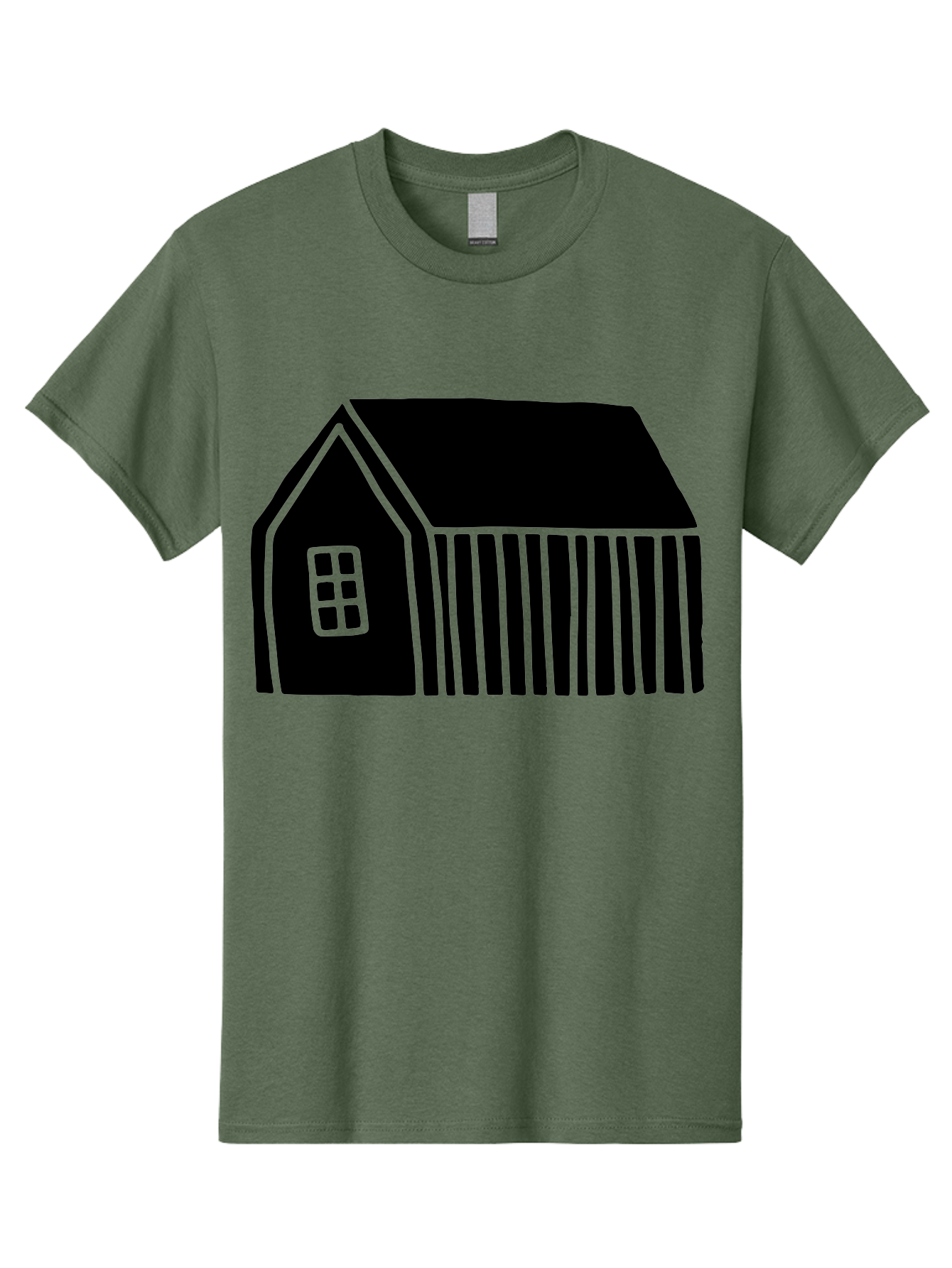 Barn Men'S Graphic Tee, 100% Cotton, Comfortable Casual Summer Wear, Machine Washable, Barn Illustration, Simple Design, Rural Architecture, Farm Building, Minimalist Art, Country Style, Black Silhouette, Green Outline -  Aaa580