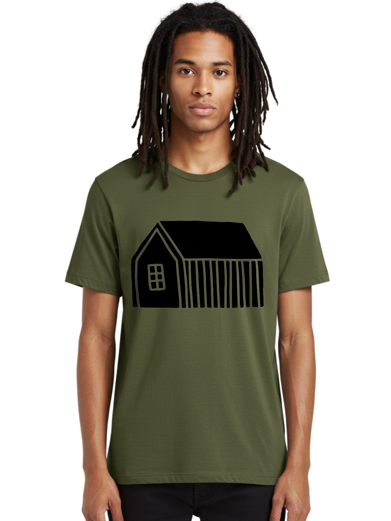 Barn Men'S Graphic Tee, 100% Cotton, Comfortable Casual Summer Wear, Machine Washable, Barn Illustration, Simple Design, Rural Architecture, Farm Building, Minimalist Art, Country Style, Black Silhouette, Green Outline -  Aaa580