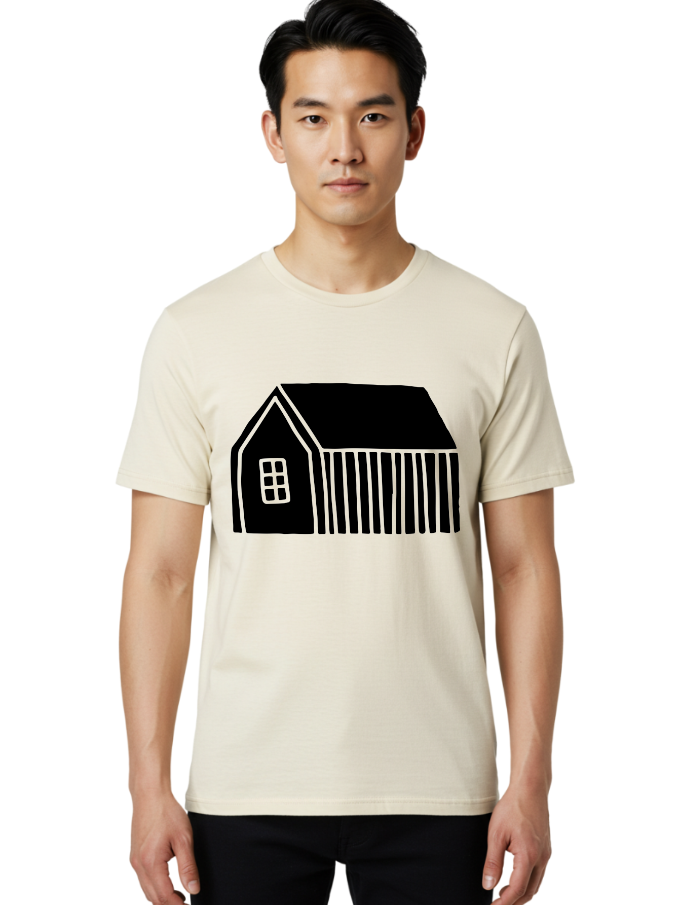 Barn Men'S Graphic Tee, 100% Cotton, Comfortable Casual Summer Wear, Machine Washable, Barn Illustration, Simple Design, Rural Architecture, Farm Building, Minimalist Art, Country Style, Black Silhouette, Green Outline -  Aaa580