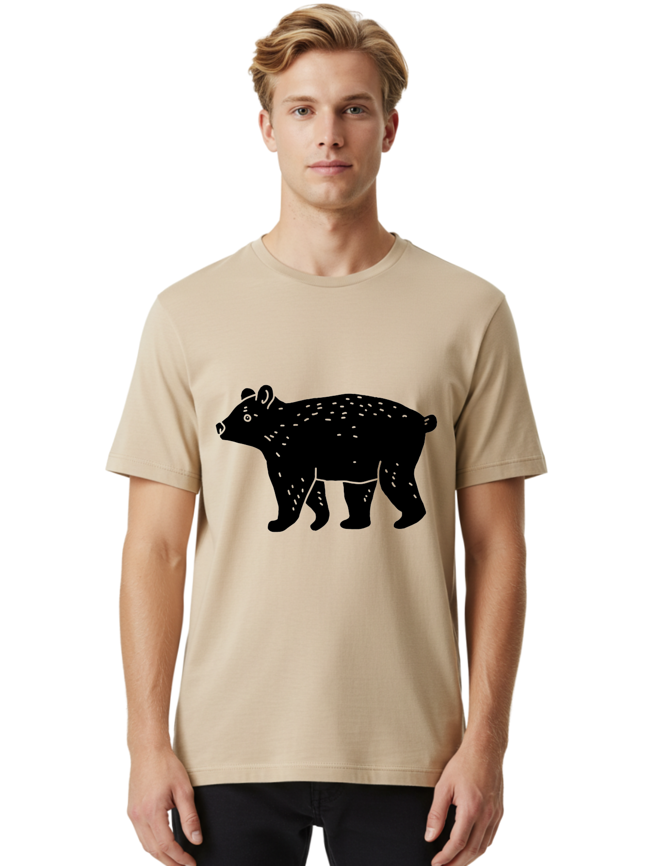 Bear Men'S Graphic Tee, 100% Cotton, Comfortable Casual Summer Wear, Machine Washable, Black Bear, Wildlife Animal, Forest Creature, Wild Beast, Mammal, Illustration, Simple Design, Minimalist Art -  Aaa581