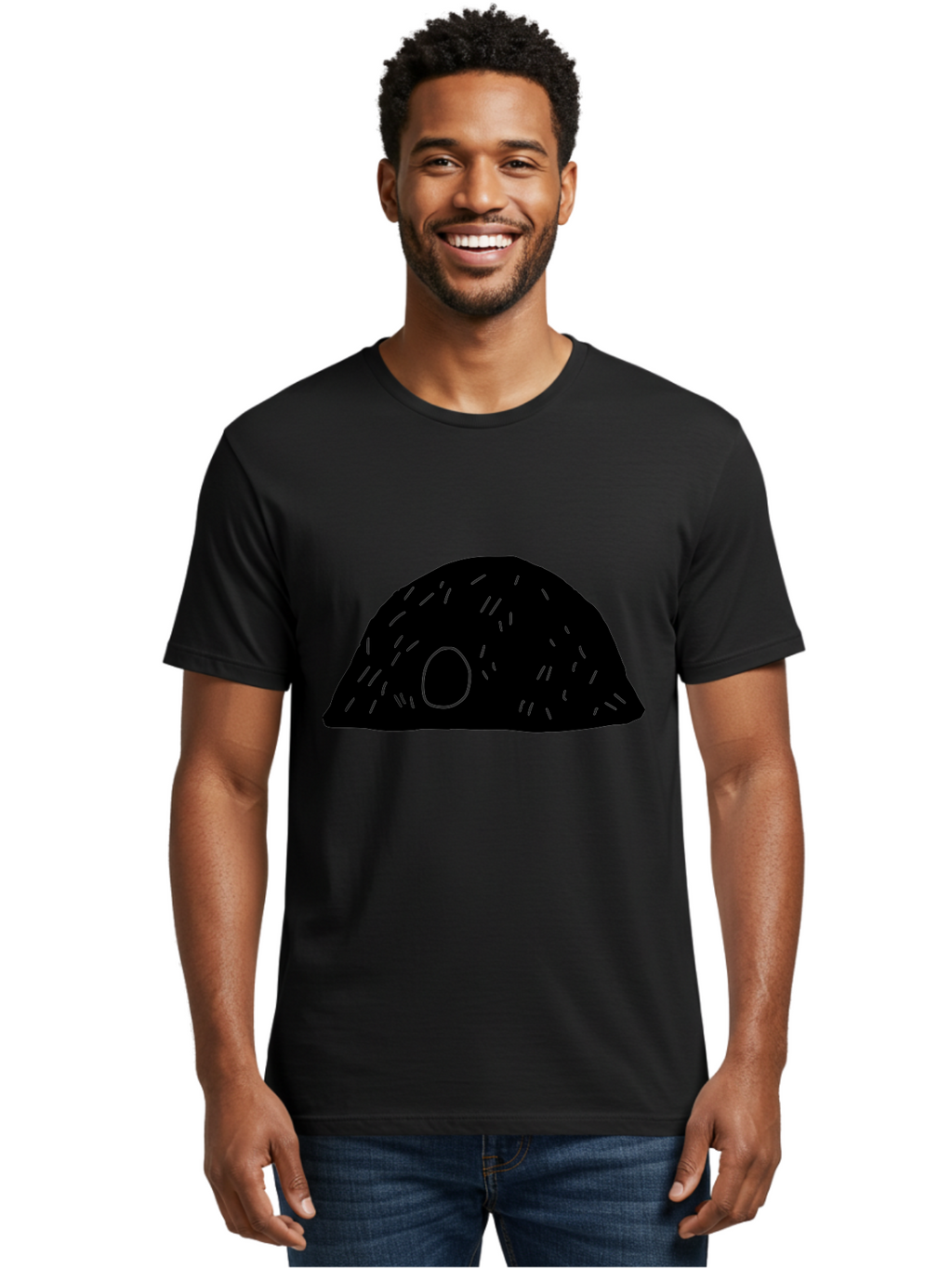 Black-Mushroom Men'S Graphic Tee, 100% Cotton, Comfortable Casual Summer Wear, Machine Washable, Black Dome Shape, Green Neon Lines, Abstract Art, Futuristic Design, Modern Graphic, Minimalist Style, Simple Shapes, Neon Accents -  Aaa584