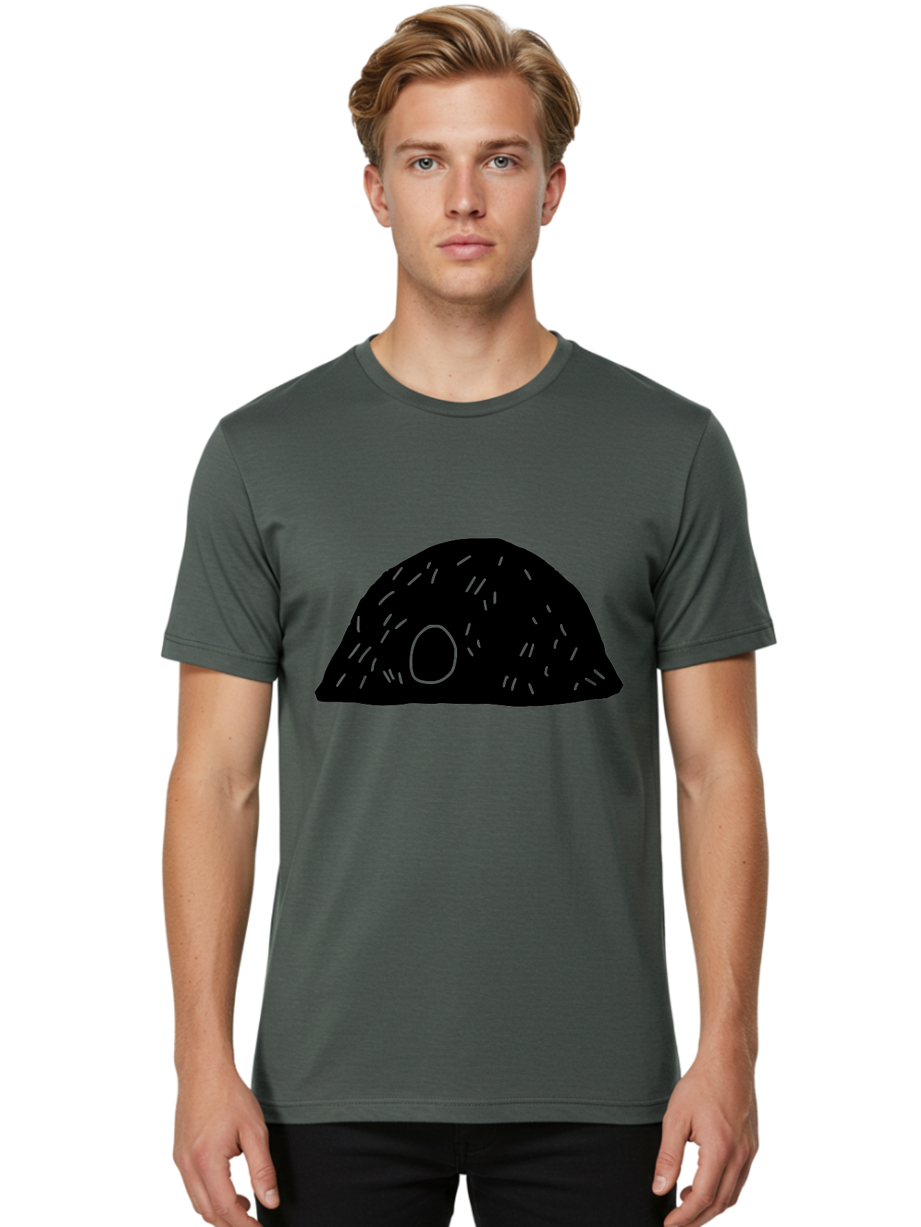 Black-Mushroom Men'S Graphic Tee, 100% Cotton, Comfortable Casual Summer Wear, Machine Washable, Black Dome Shape, Green Neon Lines, Abstract Art, Futuristic Design, Modern Graphic, Minimalist Style, Simple Shapes, Neon Accents -  Aaa584