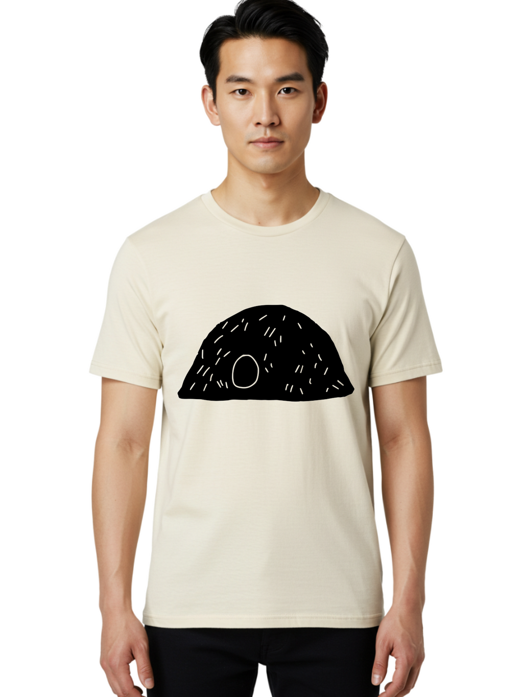 Black-Mushroom Men'S Graphic Tee, 100% Cotton, Comfortable Casual Summer Wear, Machine Washable, Black Dome Shape, Green Neon Lines, Abstract Art, Futuristic Design, Modern Graphic, Minimalist Style, Simple Shapes, Neon Accents -  Aaa584